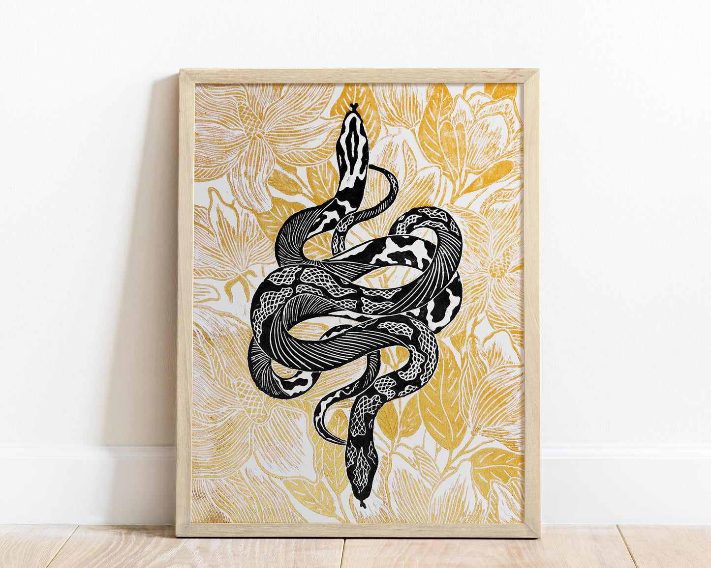 Black and gold floral snake magnolia flowers Linocut print for Nature lover gift UNFRAMED Housewarming gift New home gift Living room or bedroom decor 16x12 Reptile Original artwork Classical wall decor