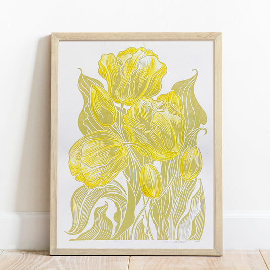 Watercolor yellow tulips flowers Lime cream green plant Botanical linocut print  wall hanging, unique wall art, trendy wall art, thank you gift boss, teacher appreciation gift, Spring wall art, sister in law gift, shelf decor, self gift, rustic wall art, retirement gift, realtor closing gift, Plant print, plant lover gift, original artwork, one of a kind, nurse gift