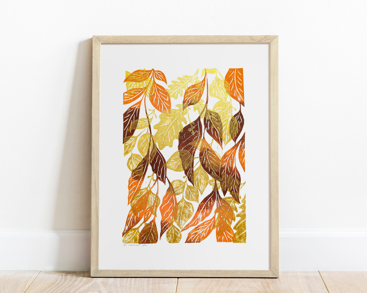 Gold orange and brown fall leaves artwork Linocut print 12x16in for New home gift UNFRAMED / original artwork, relief print, printmaking art, lino print, linogravure, handmade wall art, new home gift, farmhouse decor, houswarming gift, living room wall art, dining room art, farm kitchen art, bedroom wall decor, autumn art, fall wall art, seasonal wall decor, aesthetic wall art