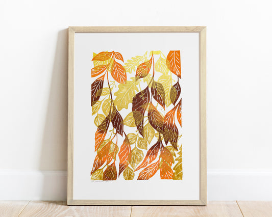 Gold orange and brown fall leaves artwork Linocut print 12x16in for New home gift UNFRAMED / original artwork, relief print, printmaking art, lino print, linogravure, handmade wall art, new home gift, farmhouse decor, houswarming gift, living room wall art, dining room art, farm kitchen art, bedroom wall decor, autumn art, fall wall art, seasonal wall decor, aesthetic wall art