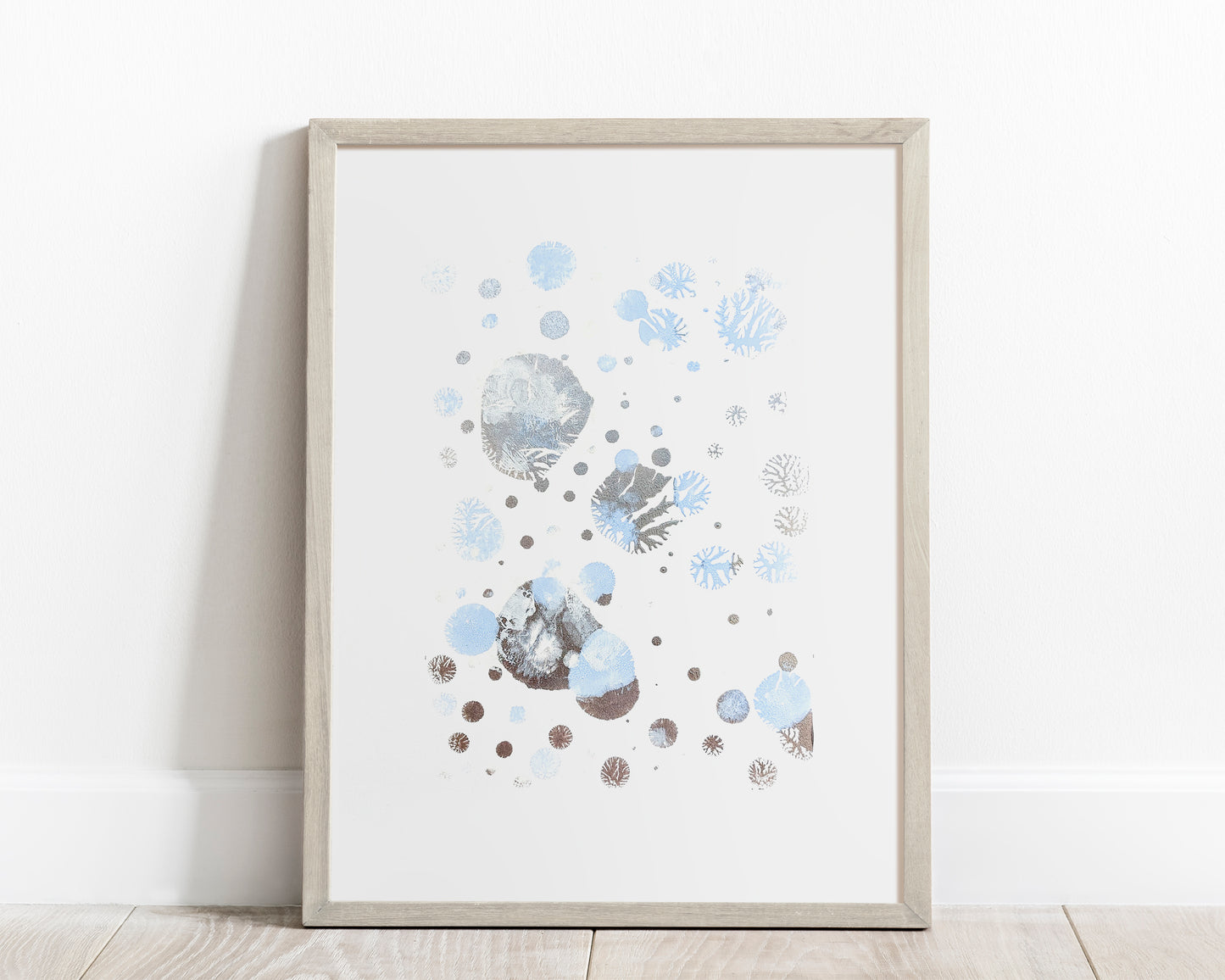 N2 Blue and silver abstract snowflakes 12x16in Monotype print Holiday winter wall art for Christmas festive living room decor UNFRAMED, Bedroom wall decor, Printmaking art handmade, one copy unique, relief print , Original artwork, Noel decoration, Minimalist art decor