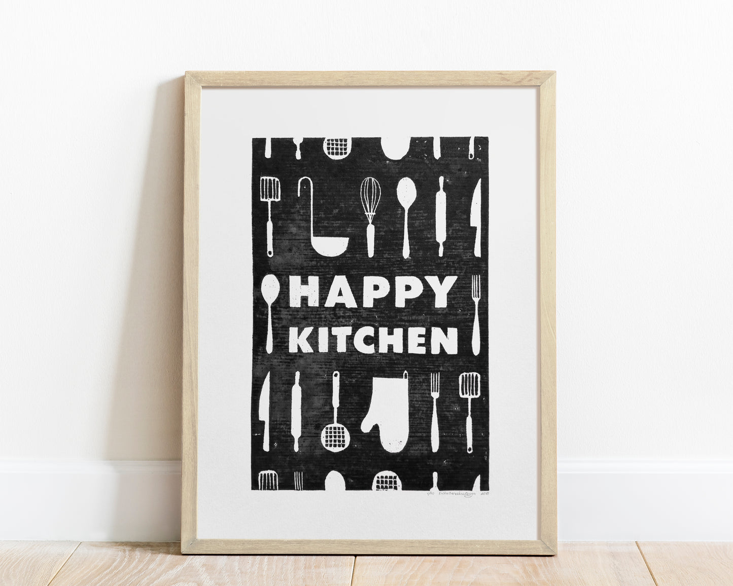 Black utensils pattern Happy kitchen sign Linocut print Simple original artwork Printmaking for Modern kitchen art Dining room wall decor Linogravure Lino print Farmhouse wall decor New home gift  Printmaking Handmade wall decoration relief block wall art print