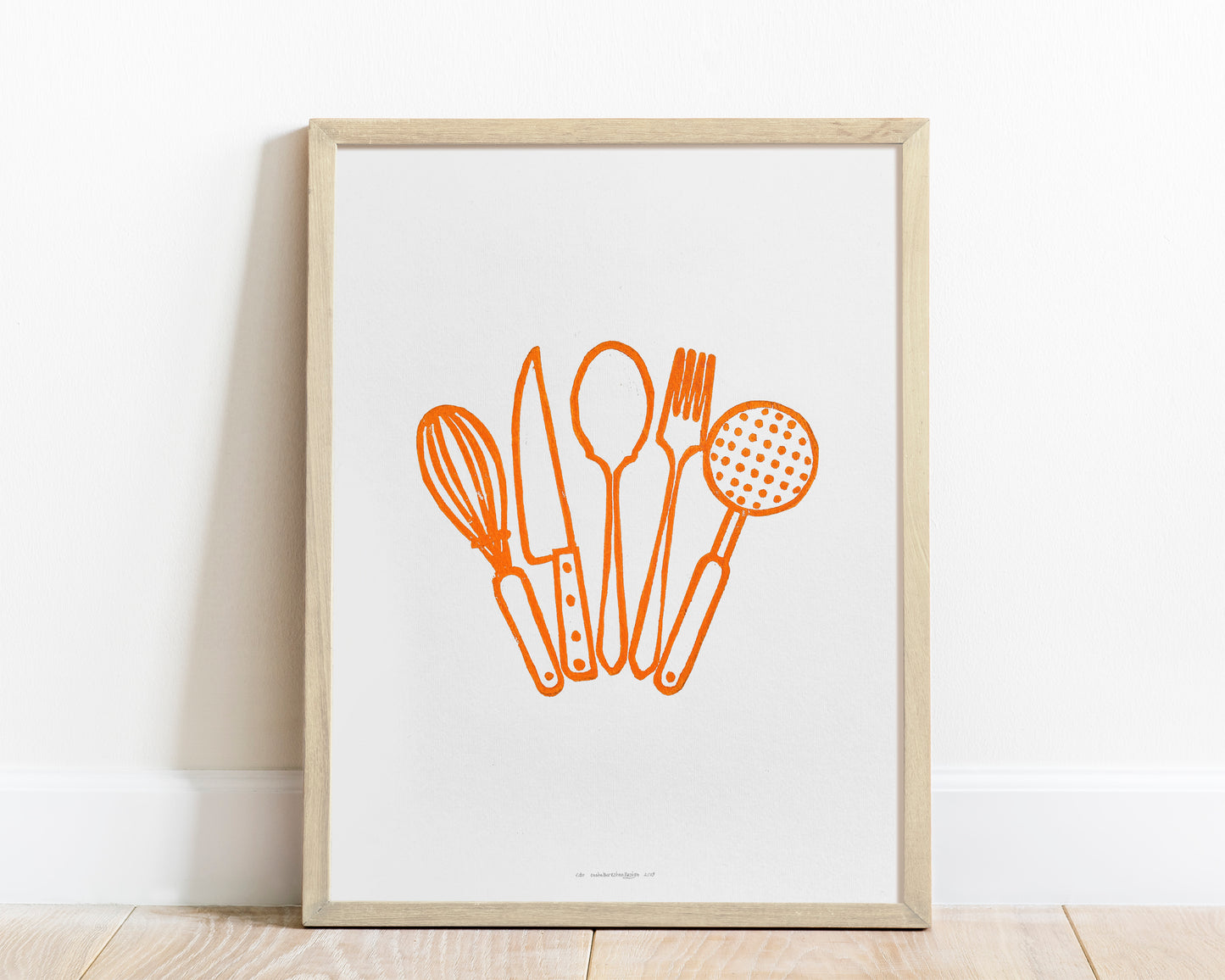 Orange kitchen utensils Linocut print Printmaking relief wall art Spoon fork knife whisk Simple original artwork for Modern kitchen decor Dining room Block minimalist Handmade print wall Home decor Decorations Accessories