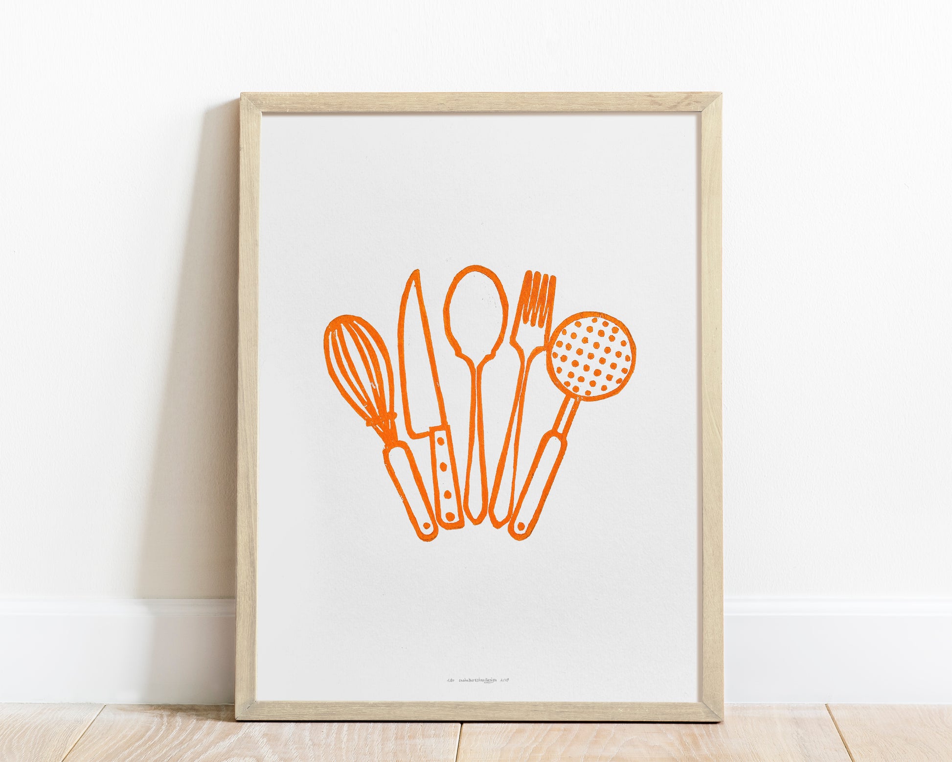 Orange kitchen utensils Linocut print Printmaking relief wall art Spoon fork knife whisk Simple original artwork for Modern kitchen decor Dining room Block minimalist Handmade print wall Home decor Decorations Accessories