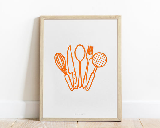 Orange kitchen utensils Linocut print Printmaking relief wall art Spoon fork knife whisk Simple original artwork for Modern kitchen decor Dining room Block minimalist Handmade print wall Home decor Decorations Accessories