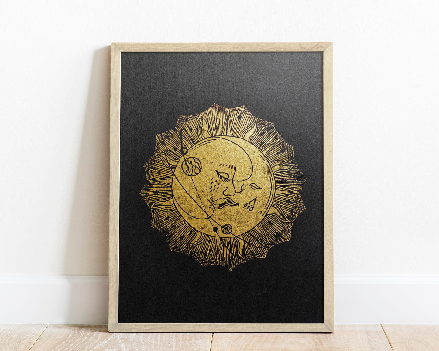 Linocut print original artwork Living room Kisses Printmaking simple Linogravure lino Boho gold moon sun kiss Printmaking relief wall art Bedroom valentines home decor block New first home gift girlfriend boyfriend wife bestfriend black and white