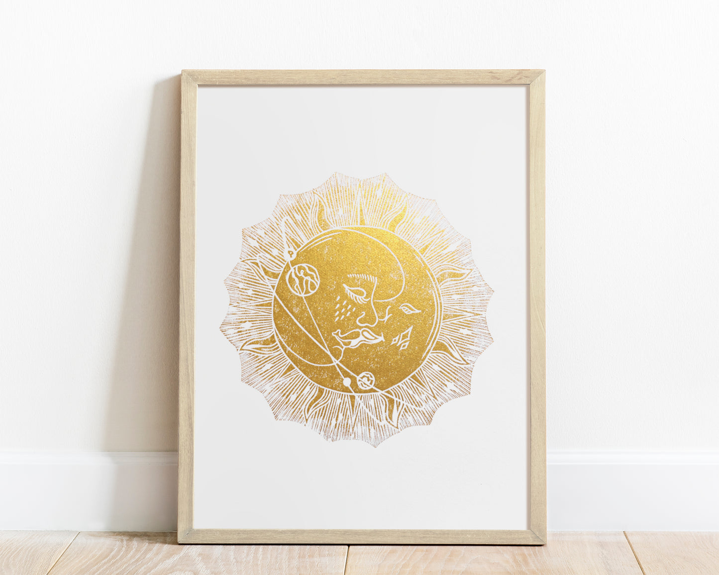 Linocut print original artwork Living room Kisses Printmaking simple Linogravure lino Boho gold moon sun kiss Printmaking relief wall art Bedroom valentines home decor block New first home gift girlfriend boyfriend wife bestfriend