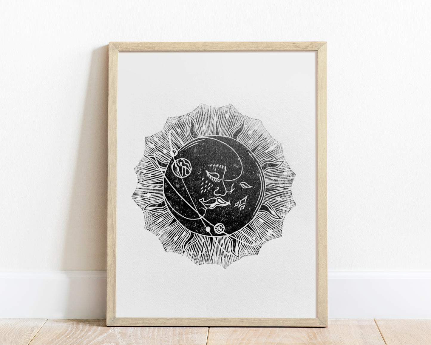 Linocut print original artwork Living room Kisses Printmaking simple Linogravure lino Boho gold moon sun kiss Printmaking relief wall art Bedroom valentines home decor block New first home gift girlfriend boyfriend wife bestfriend black and white