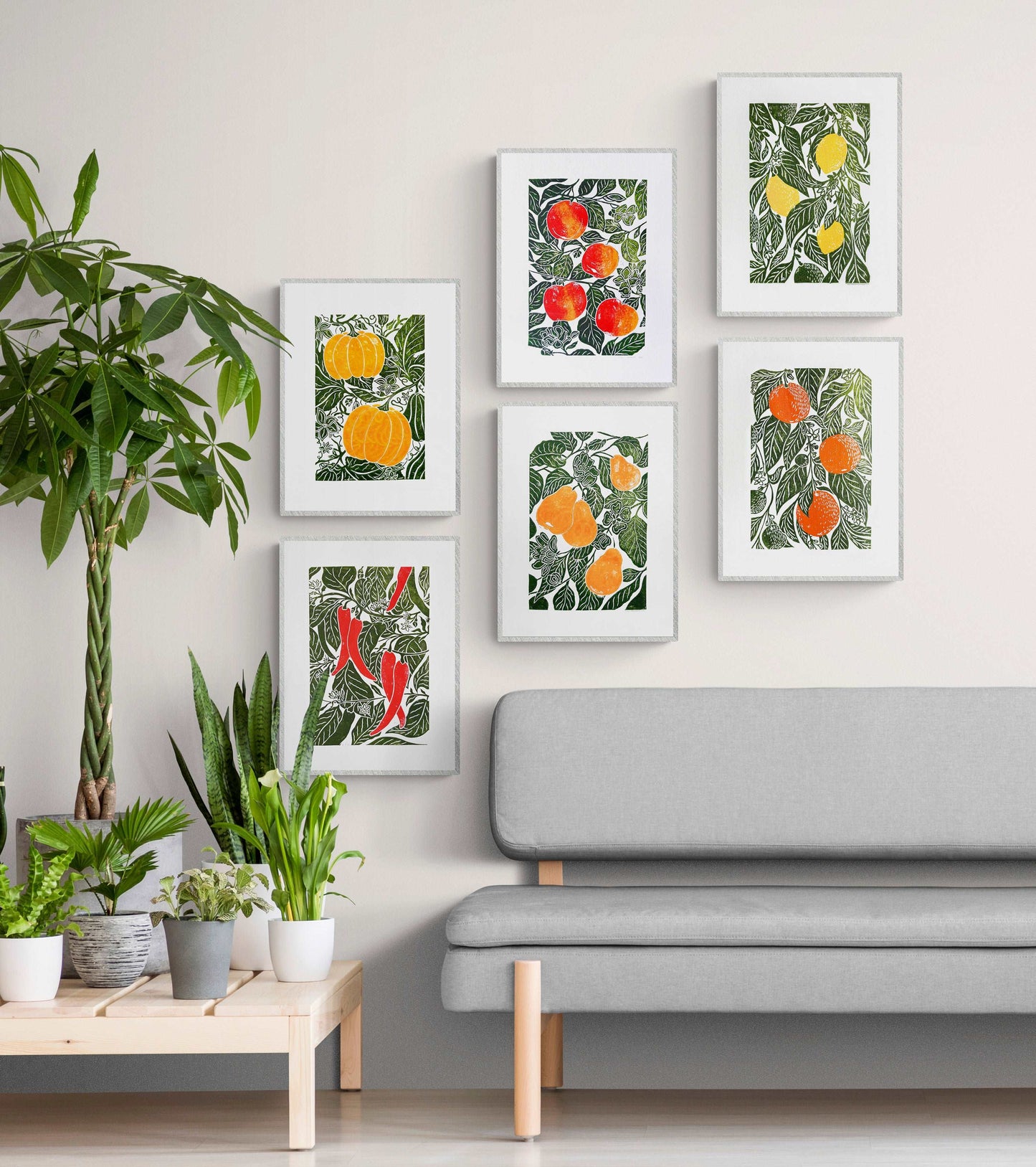 Set of 6 linocut prints with fruits for kitchen gallery wall