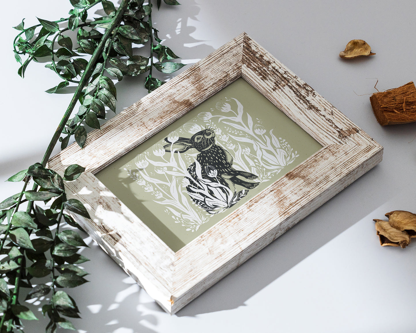 Living room wall art Nature lover gift Printable linocut Cottagecore decor Digital downloadable linogravure lino foraged poster Bedroom kids rooom prints Bunny plant House warming gift farm relief texture wildflower vintage Green rabbit hare