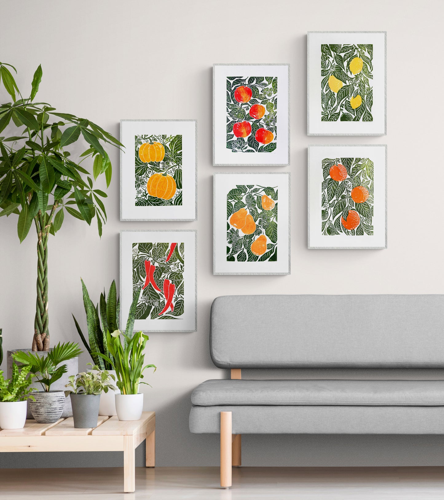 Gallery wall set of 6 linocut print Oranges Lemon Pumpkin Apples Chili papper Pear botanical fruit and vegetables for modern kitchen wall art or Nature lover gift UNFRAMED / original artwork, handmade art, printmaking, lino print, linogravure, farm kitchen art, living room decor, dining room wall art, bedroom art, new home gift, farmhouse gift, floral wall art