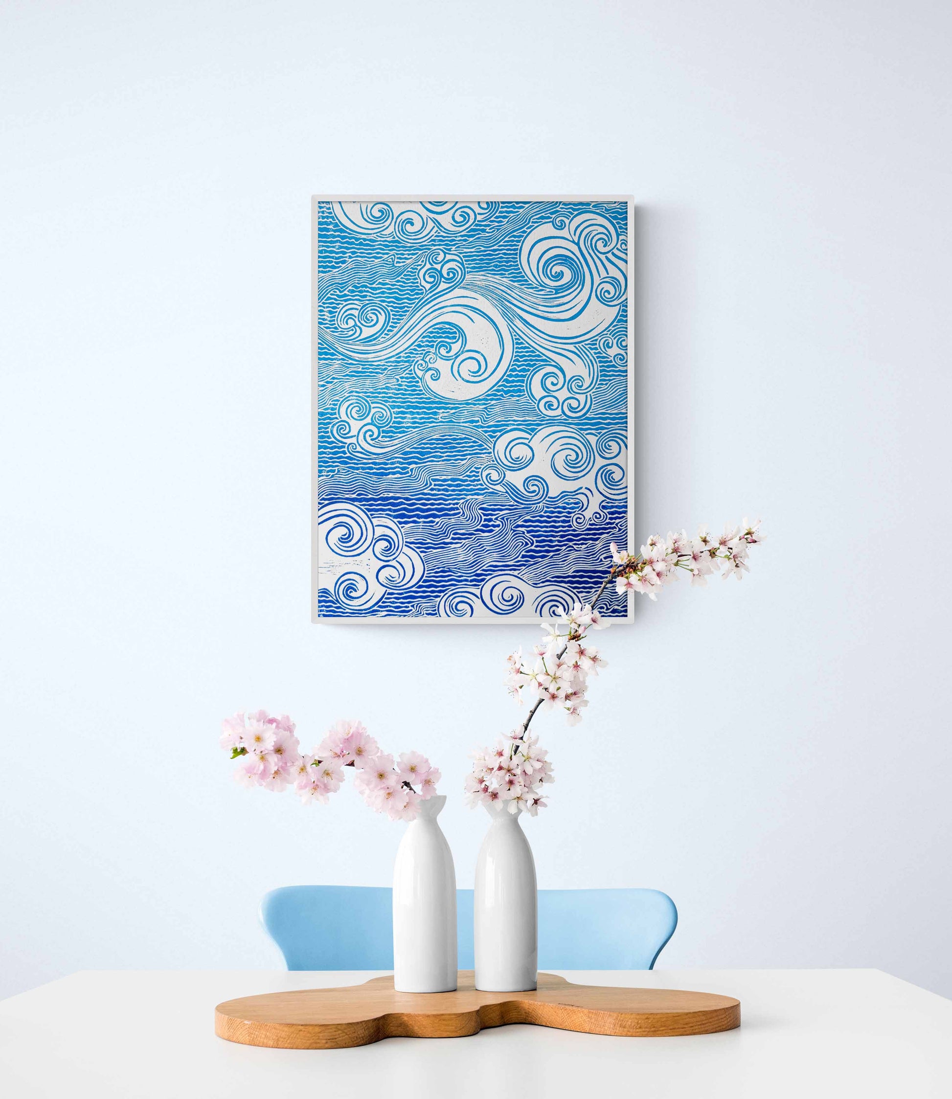 Blue japanese clouds Linocut print for Nature lover gift UNFRAMED Housewarming gift New home gift Living room or bedroom decor 16x12 Original artwork Classical wall decor