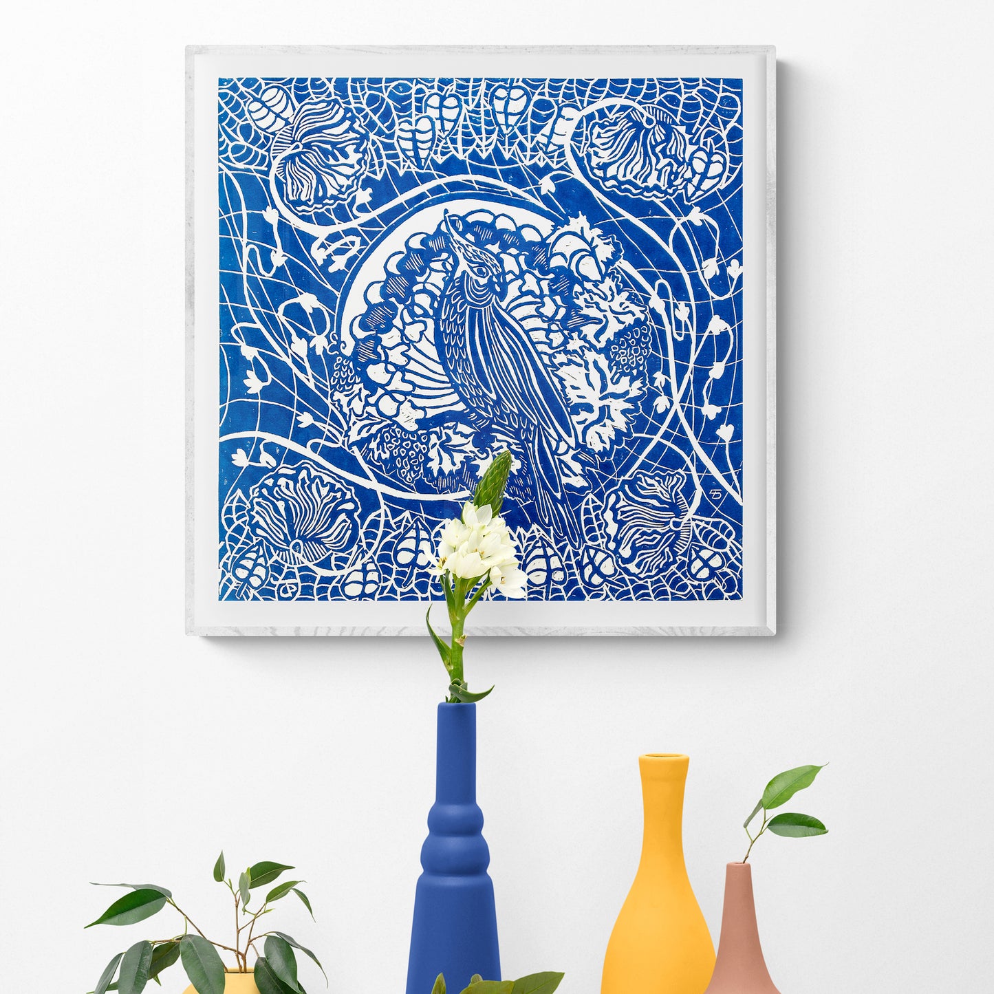 Lino print Linogravure Linocut print Cockatiel parrot art Flower wall art Original artwork Botanical print Nature lover gift art nouveau artwork Large floral decor Dark blue parrot Bedroom wall decor	Printmaking relief Handmade Kids room Living room Workspace Bedroom decor New first home gift decoration acssessories