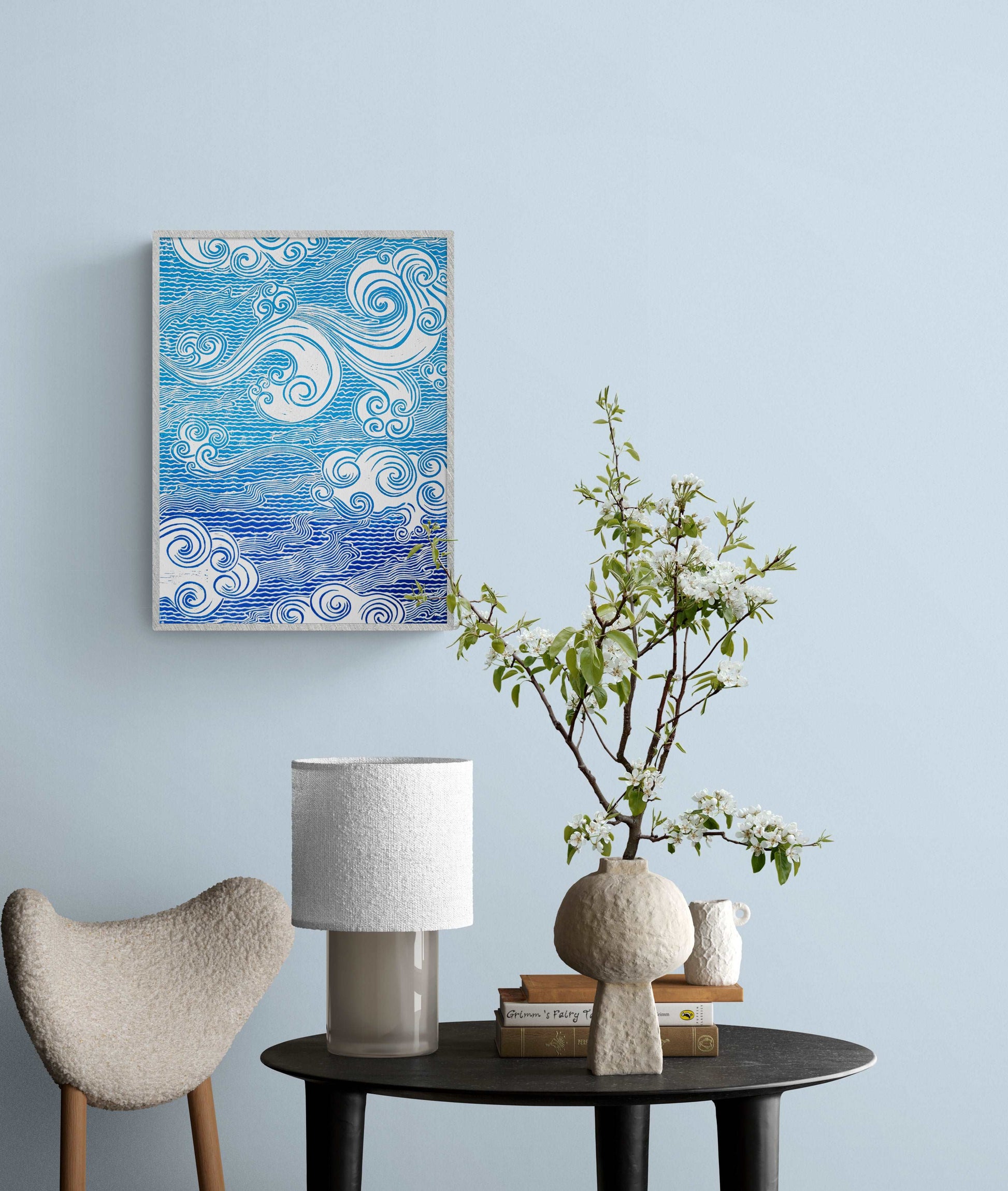 Blue japanese clouds Linocut print for Nature lover gift UNFRAMED Housewarming gift New home gift Living room or bedroom decor 16x12 Original artwork Classical wall decor