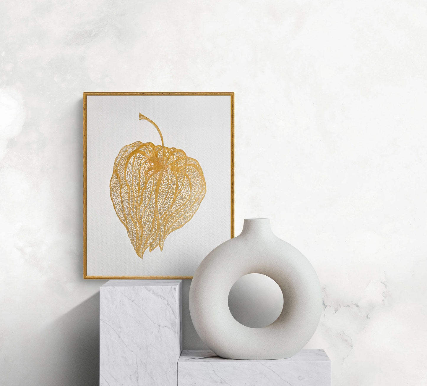 White and gold Physalis plant Linocut print for New home gift UNFRAMED for living room or bedroom 20x16 in floral wall art Original artwork Classical art