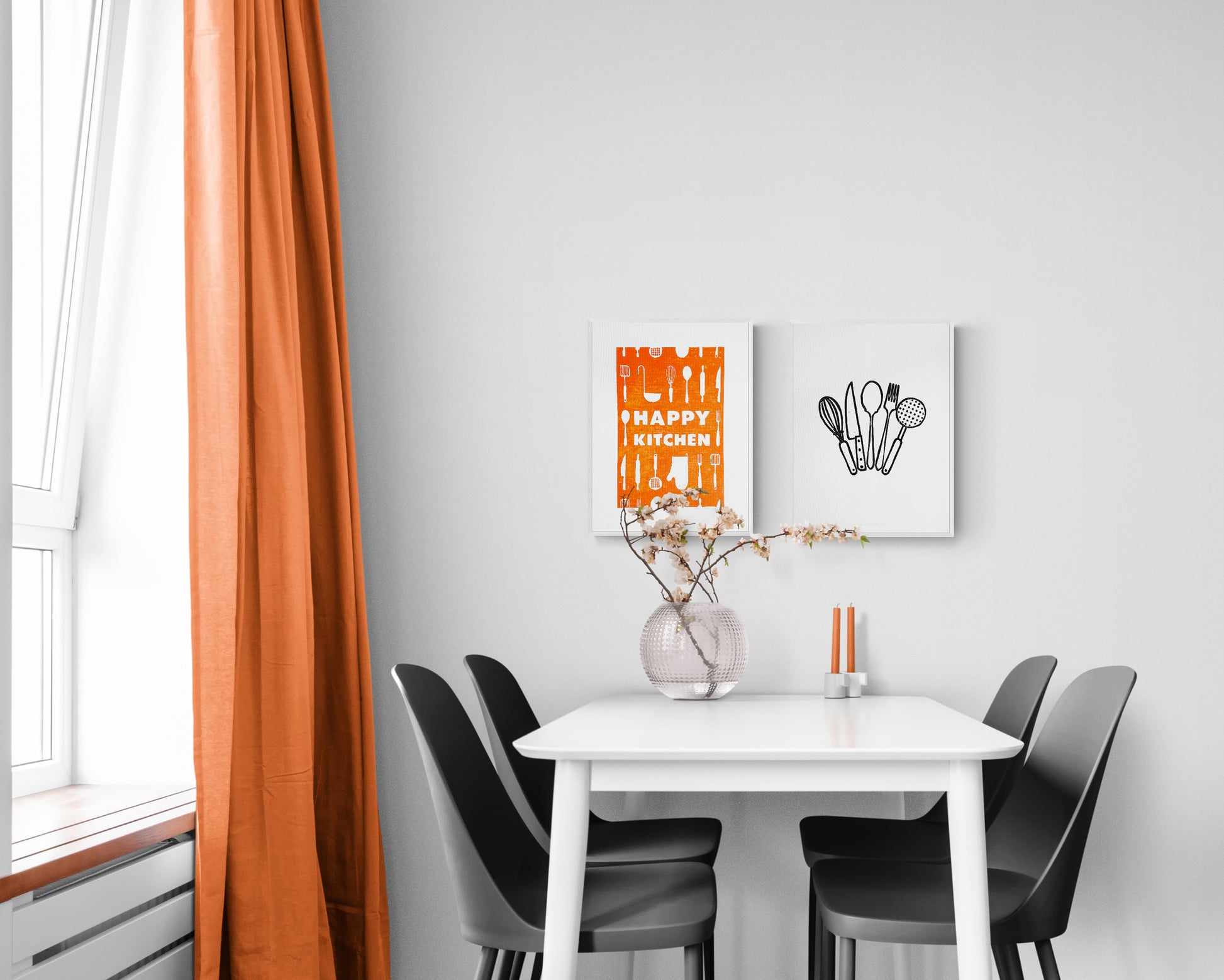Orange utensils pattern Happy kitchen sign Linocut print Simple original artwork Printmaking for Modern kitchen art Dining room wall decor Linogravure Lino print Farmhouse wall decor New home gift  Printmaking Handmade wall decoration relief block wall art print