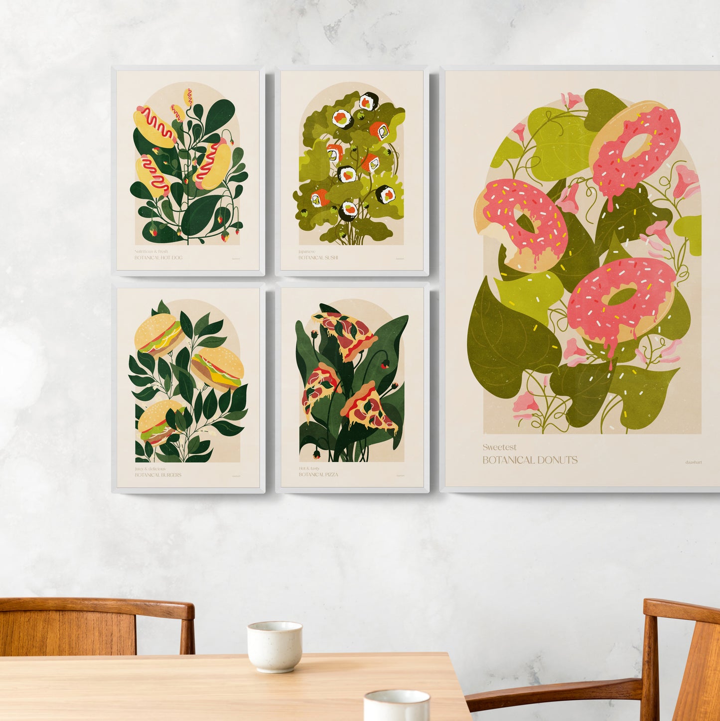 Gallery wall set of 5 food posters with pizza, sushi, burgers, donuts, hot dog, for dining room