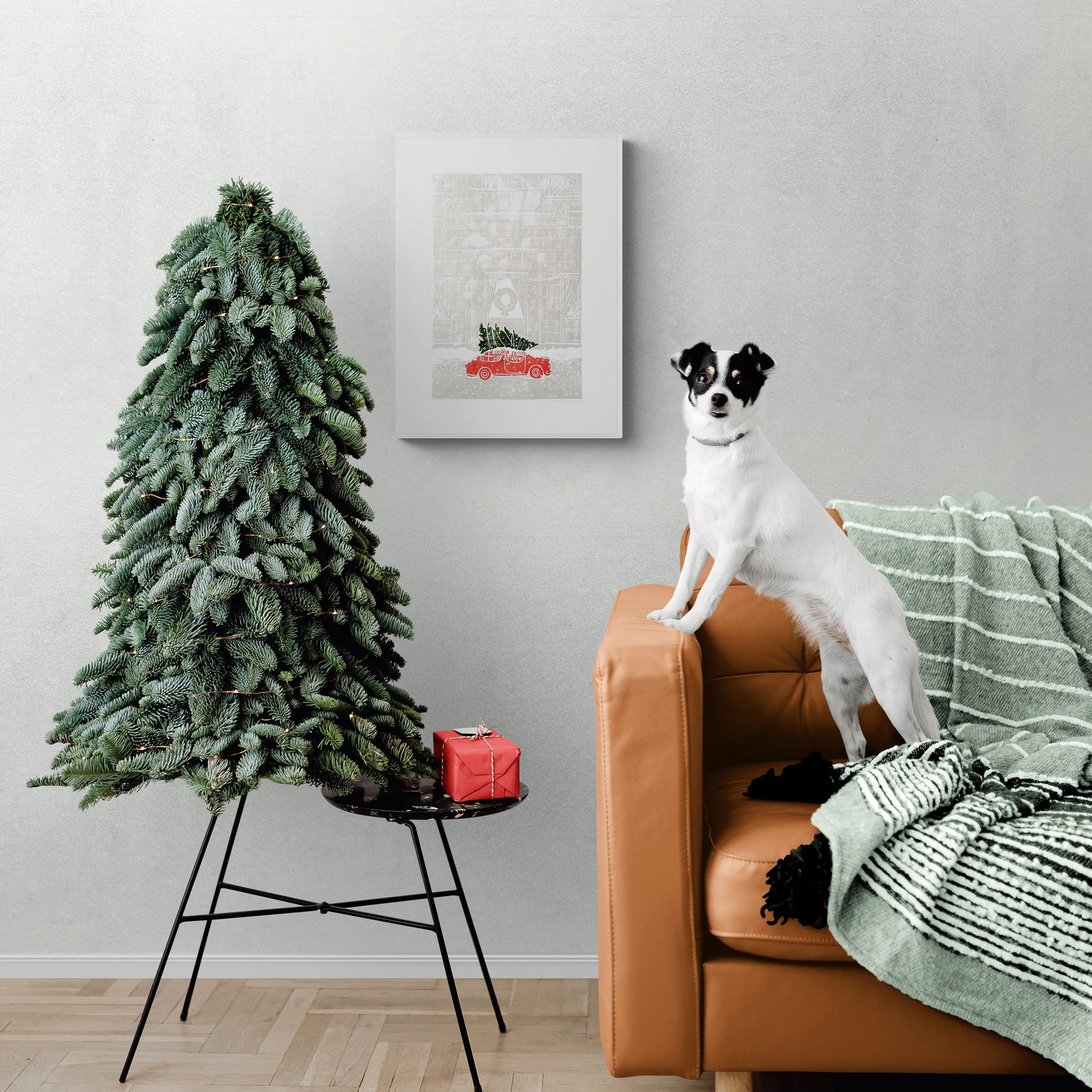 Linocut print Christmas tree and red retro car Winter city wall art 12x16 Holiday winter wall art Noel decoration UNFRAMED, Noel decoration, Linogravure, Lino print, Printmaking art, Illustration print, original artwork, handmade modern red retro car decor, living room or bedroom wall decor