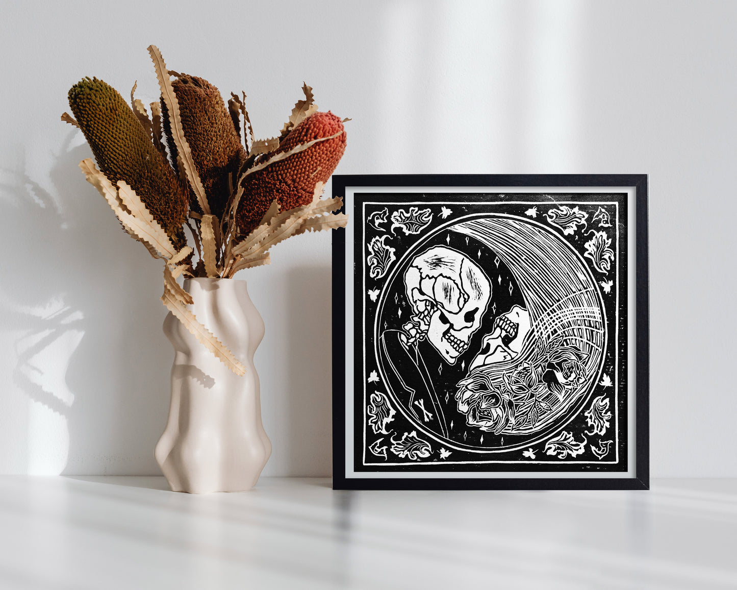 Yin yang eternal love Her and him skull Linocut print for Gothic lover gift UNFRAMED Housewarming gift New home gift Living room or bedroom decor 16x12 Reptile Original artwork Classical wall decor