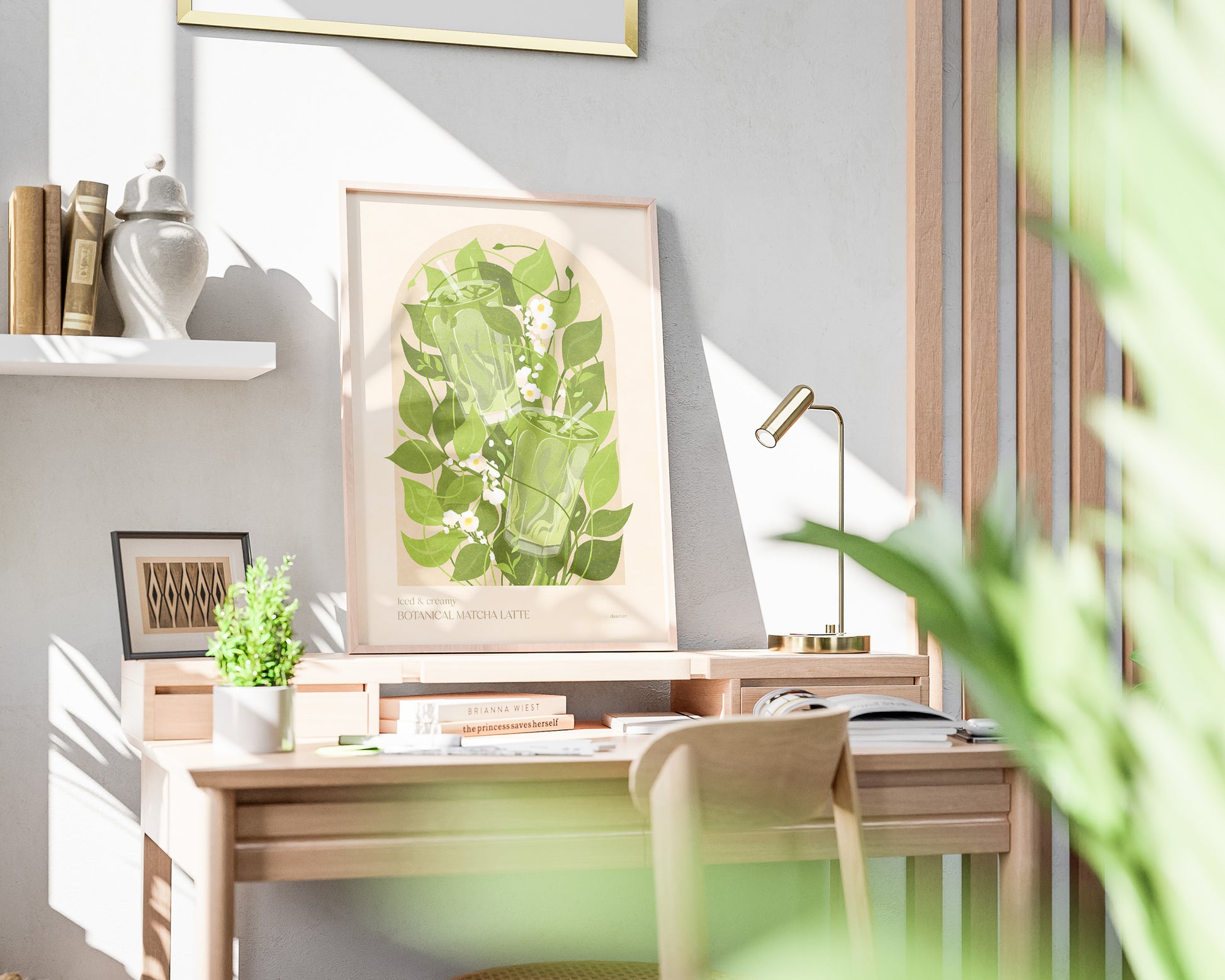 Botanical vintage Green or khaki Iced matcha latte poster Summer wall art for modern kitchen and dining room decor