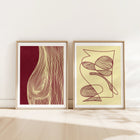 Gallery wall set of 2 trendy 2026 color palette butter yellow and burgundy abstract nature women lines digital poster N1