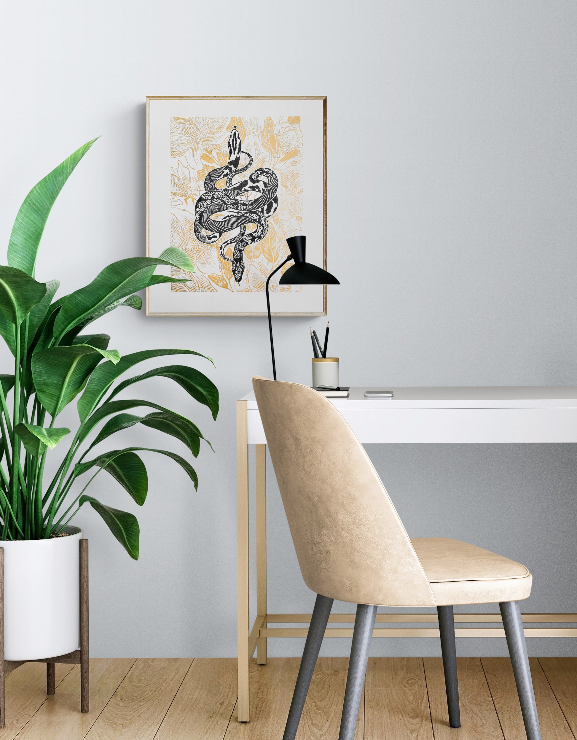 Black and gold floral snake magnolia flowers Linocut print for Nature lover gift UNFRAMED Housewarming gift New home gift Living room or bedroom decor 16x12 Reptile Original artwork Classical wall decor