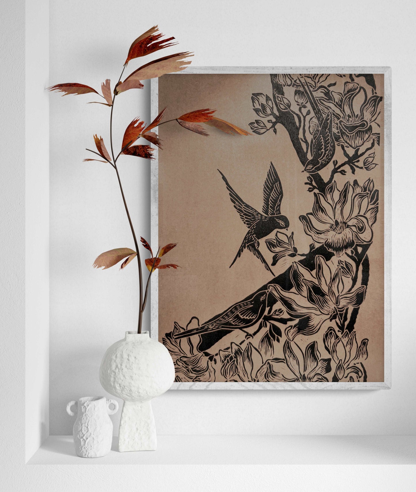 Black Japanese magnolia flowers and birds Linocut print for Nature lover gift UNFRAMED Housewarming gift Nature lover gift New home gift living room bedroom decor