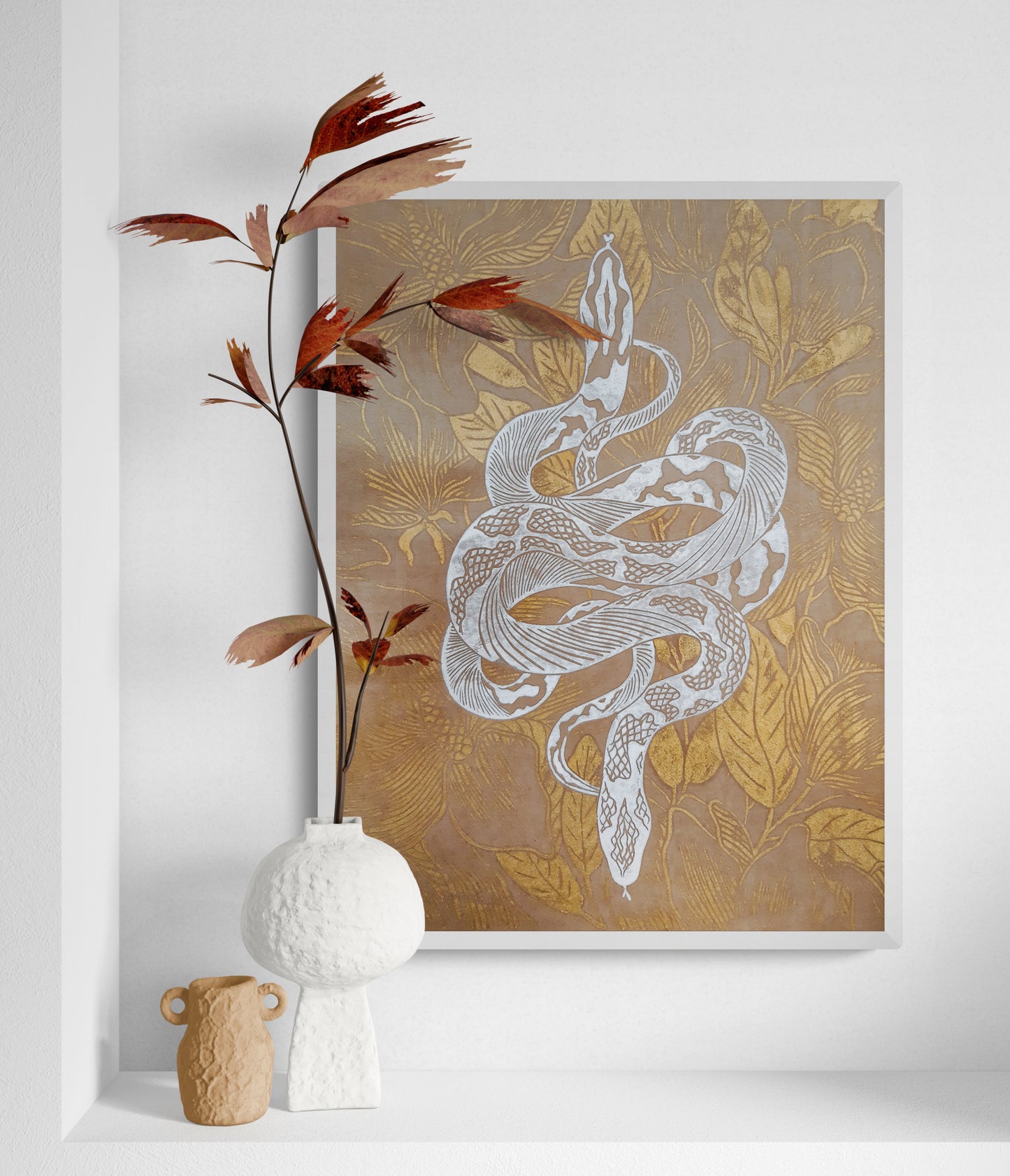 Craft, white and gold floral snake magnolia flowers Linocut print for Nature lover gift UNFRAMED Housewarming gift New home gift Living room or bedroom decor 16x12 Reptile Original artwork Classical wall decor