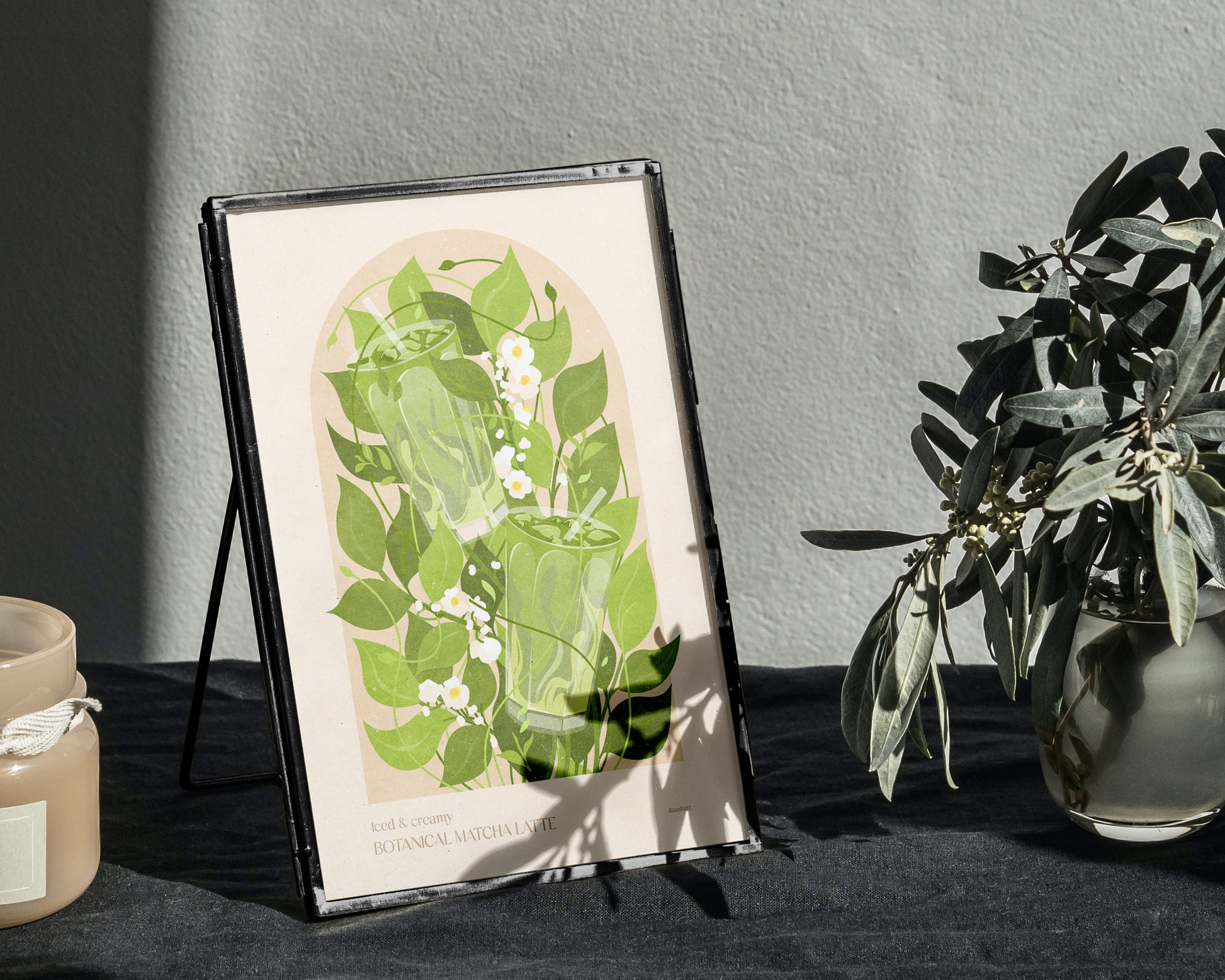 Botanical vintage Green or khaki Iced matcha latte poster Summer wall art for modern kitchen and dining room decor
