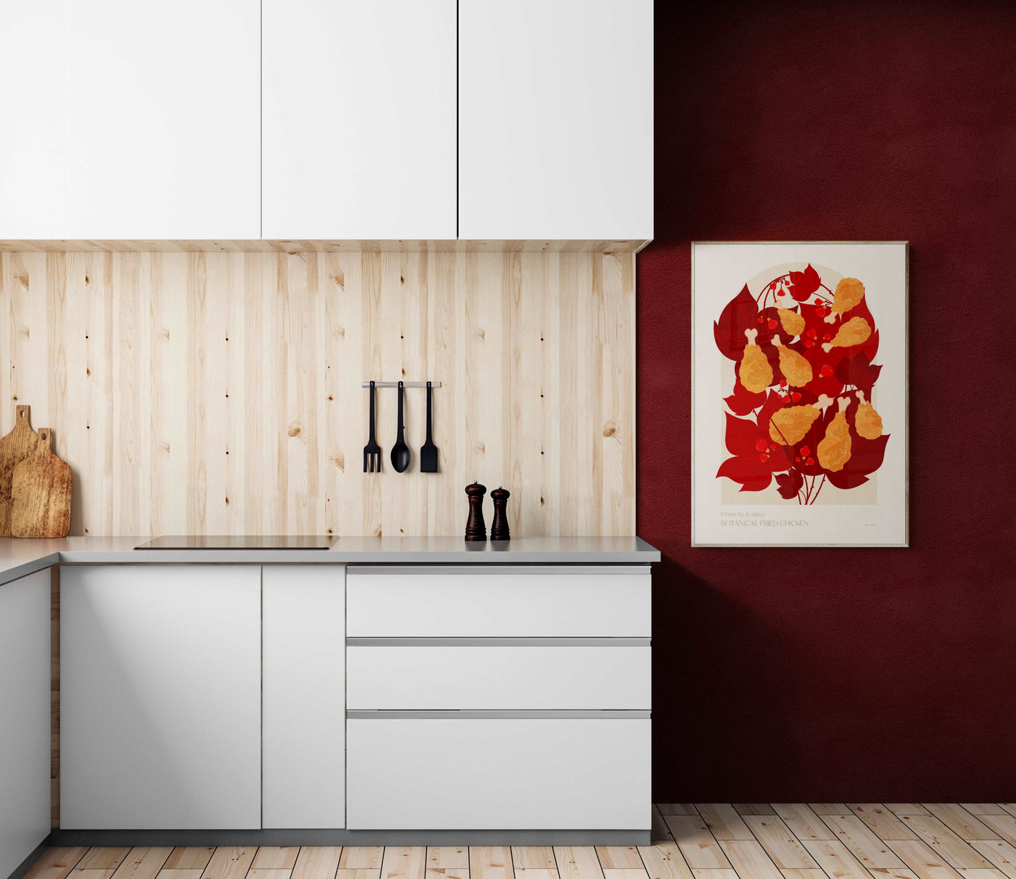 Botanical vintage fried chicken poster Printable wall art for modern kitchen and dining room decor