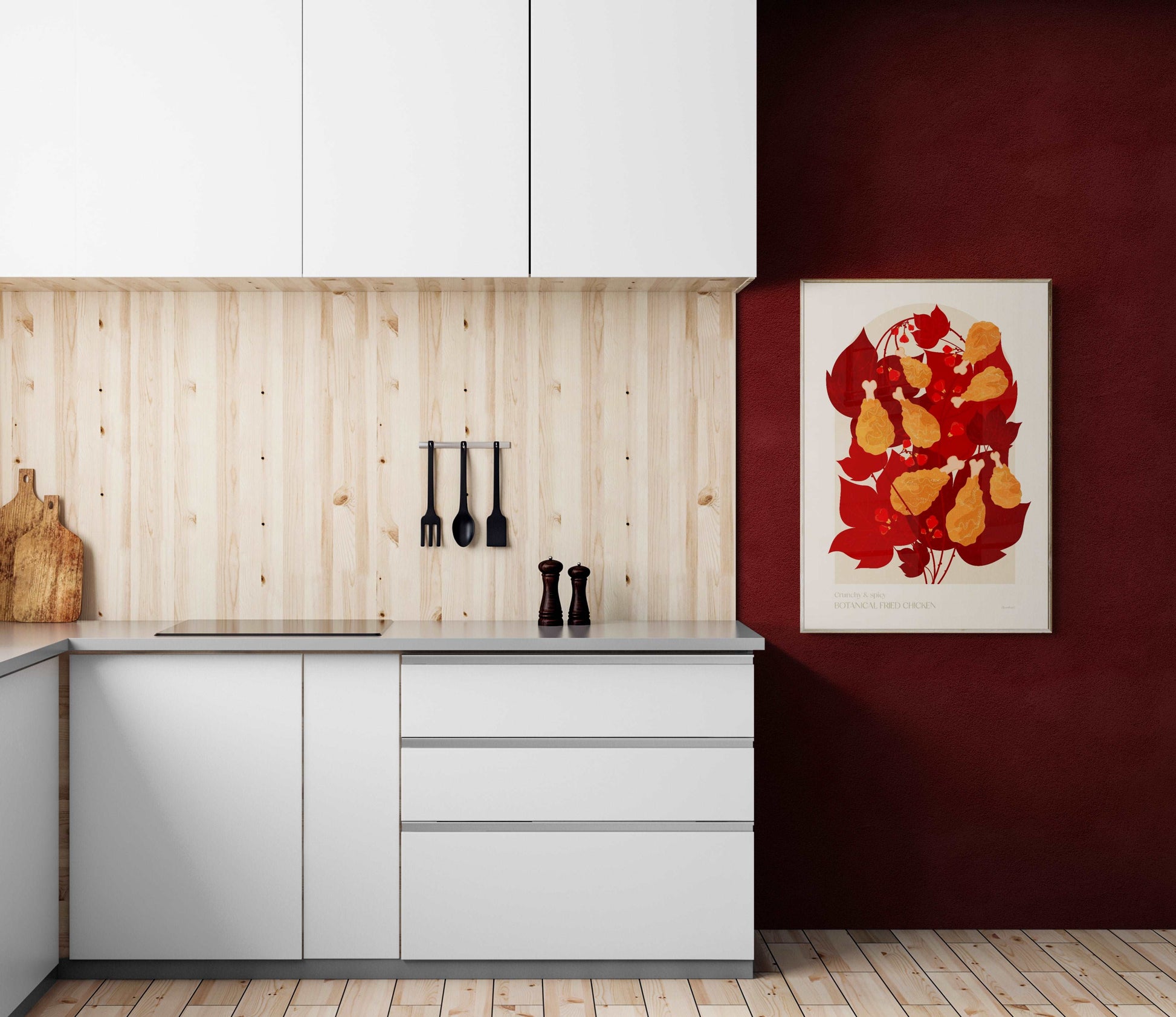 Botanical vintage fried chicken poster Printable wall art for modern kitchen and dining room decor