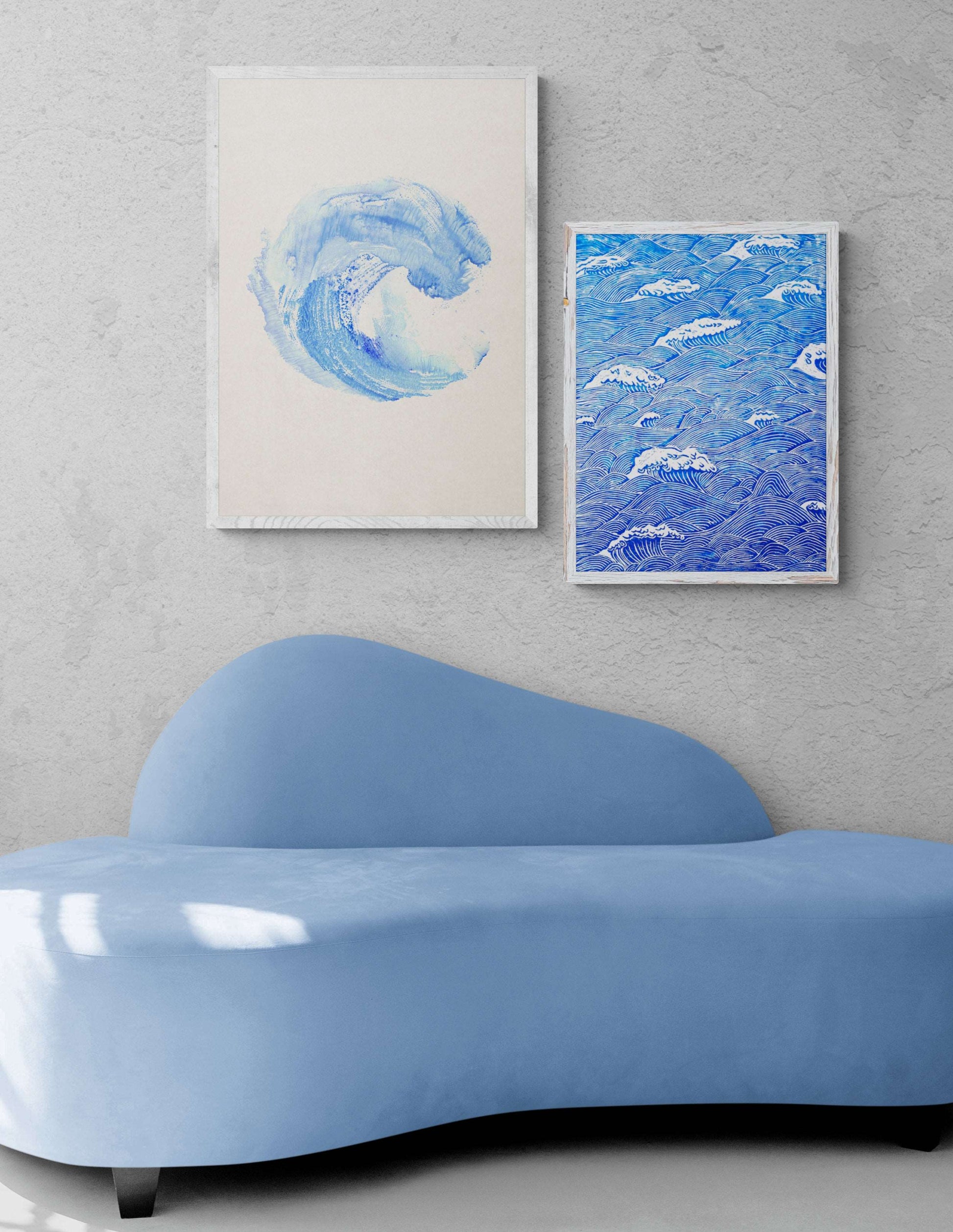 gallery wall with blue japanese waves lino print and digital wave watercolor poster