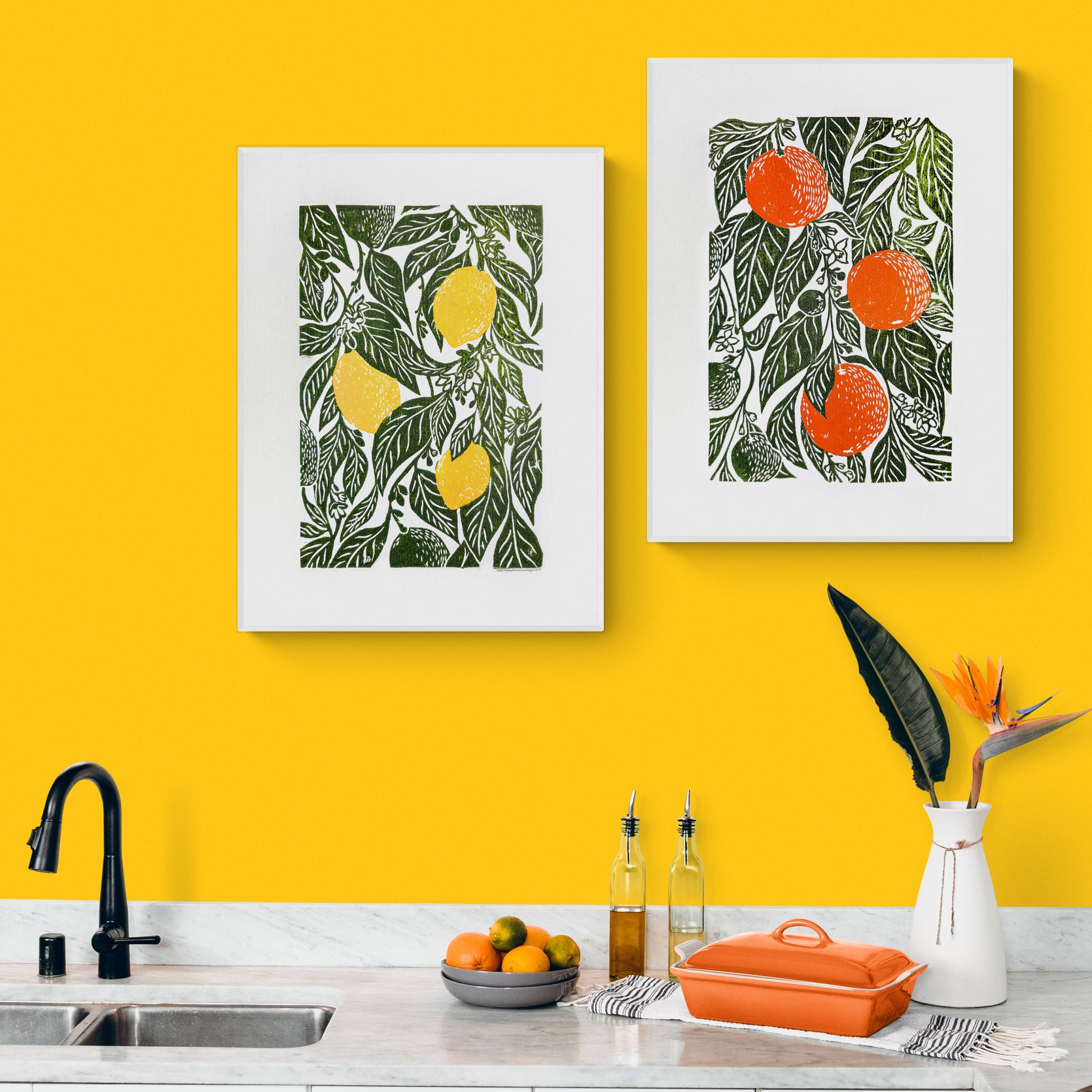 Gallery wall set of 2 linocut print Oranges and lemon botanical fruit and plant for modern kitchen wall art or Nature lover gift UNFRAMED / handmade art, relief print, original artwork, printmaking, oil ink, lino print, linogravure, fruit wall decor, living room, dining room, farmhouse gift, farm kitchen art, nature lover gift, new home gift, gallery wall set of 2 prints
