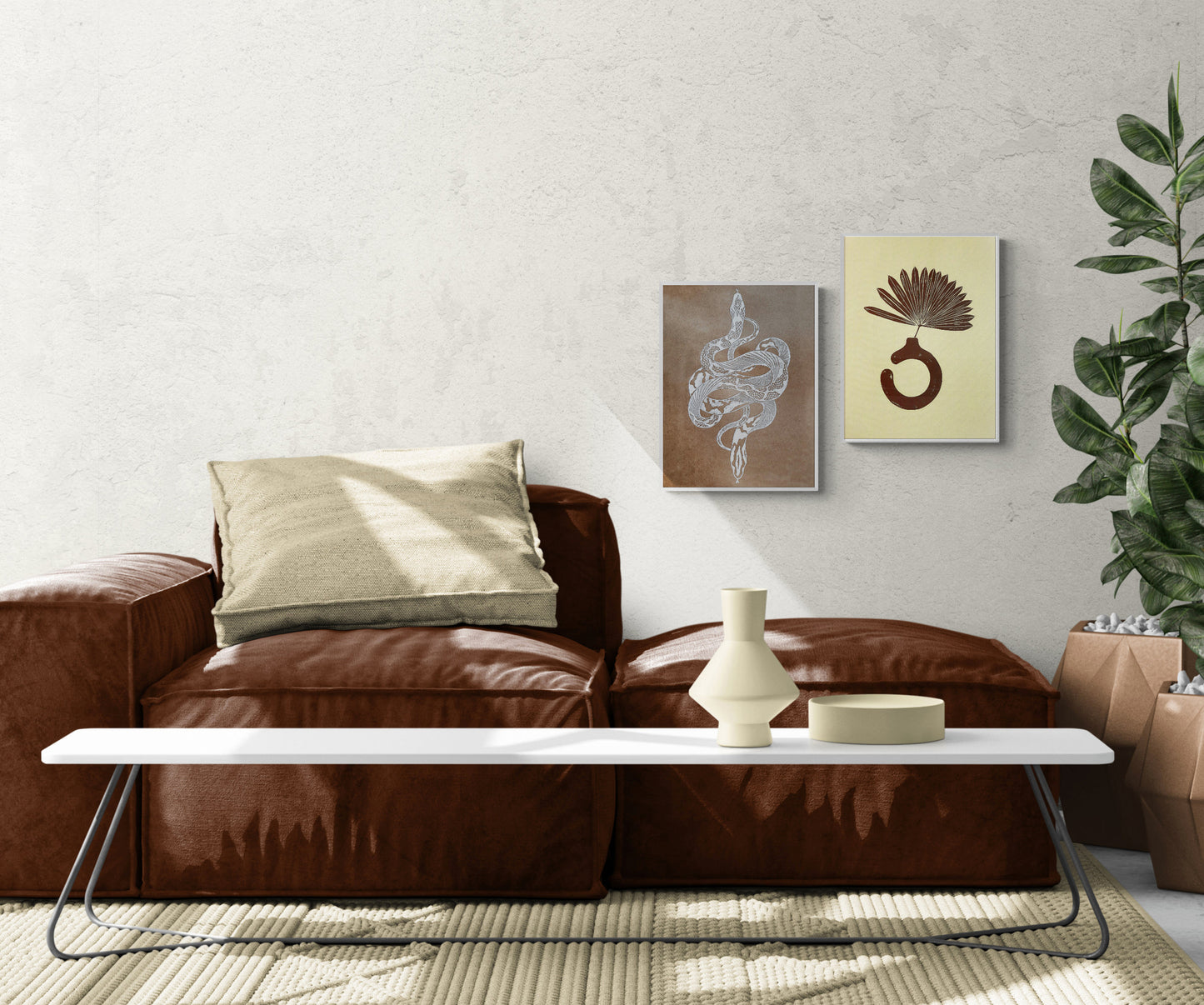 Yellow and brown Boho vase and plant art Linocut print for New home gift UNFRAMED for living room or bedroom