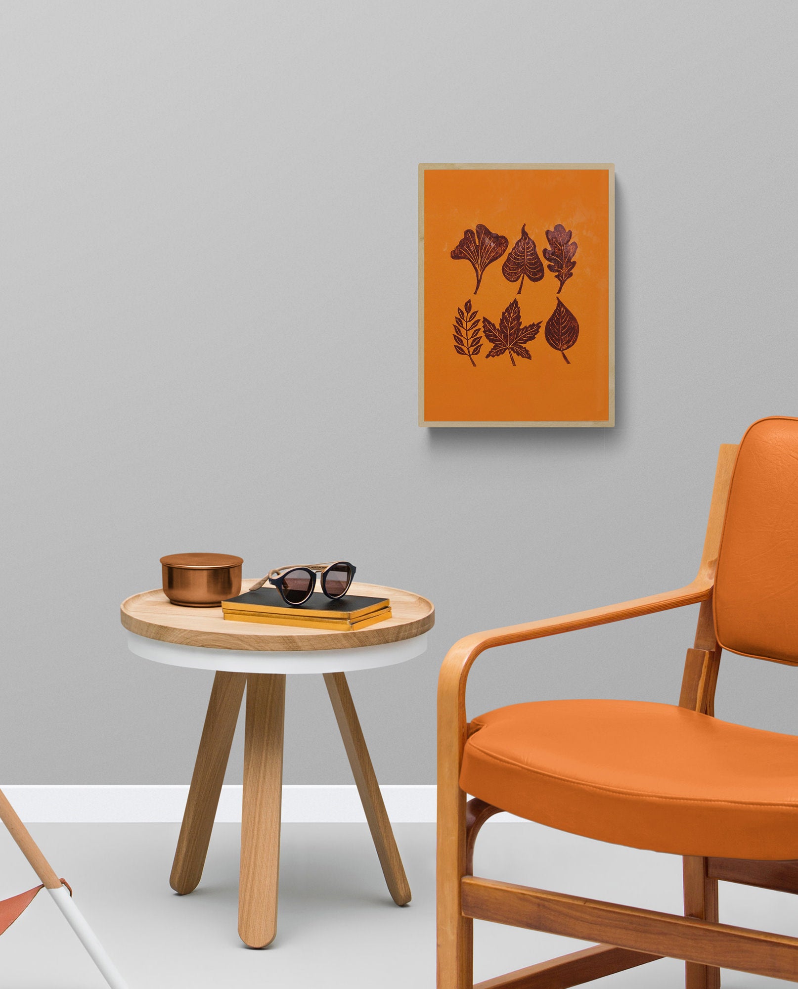 Orange and brown fall leaves Linocut print 12x16in for New home gift UNFRAMED / gold acrylic ink, oil ink, lino print, linogravure, autumn wall art, printmaking, handmade art, Nature lover gift, simple artwork, original artwork, houswarming gift, living room, bedroom, modern kitchen decor