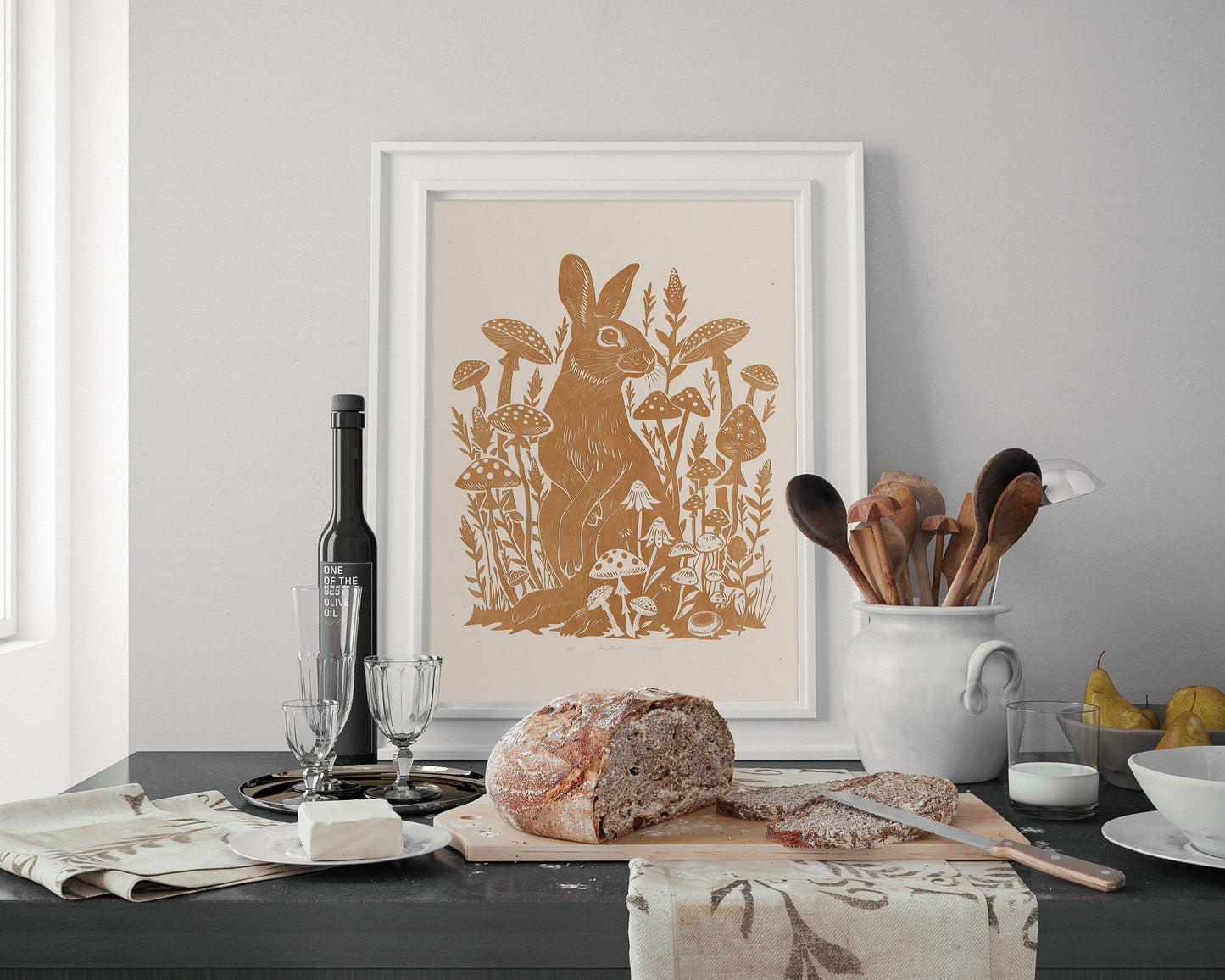 Living room wall art Nature lover gift Printable linocut Cottagecore decor Digital downloadable linogravure lino foraged poster art Relief texture Bedroom kids rooom prints Yellow ochre rabbit mushroom large plant wall art bunny new home