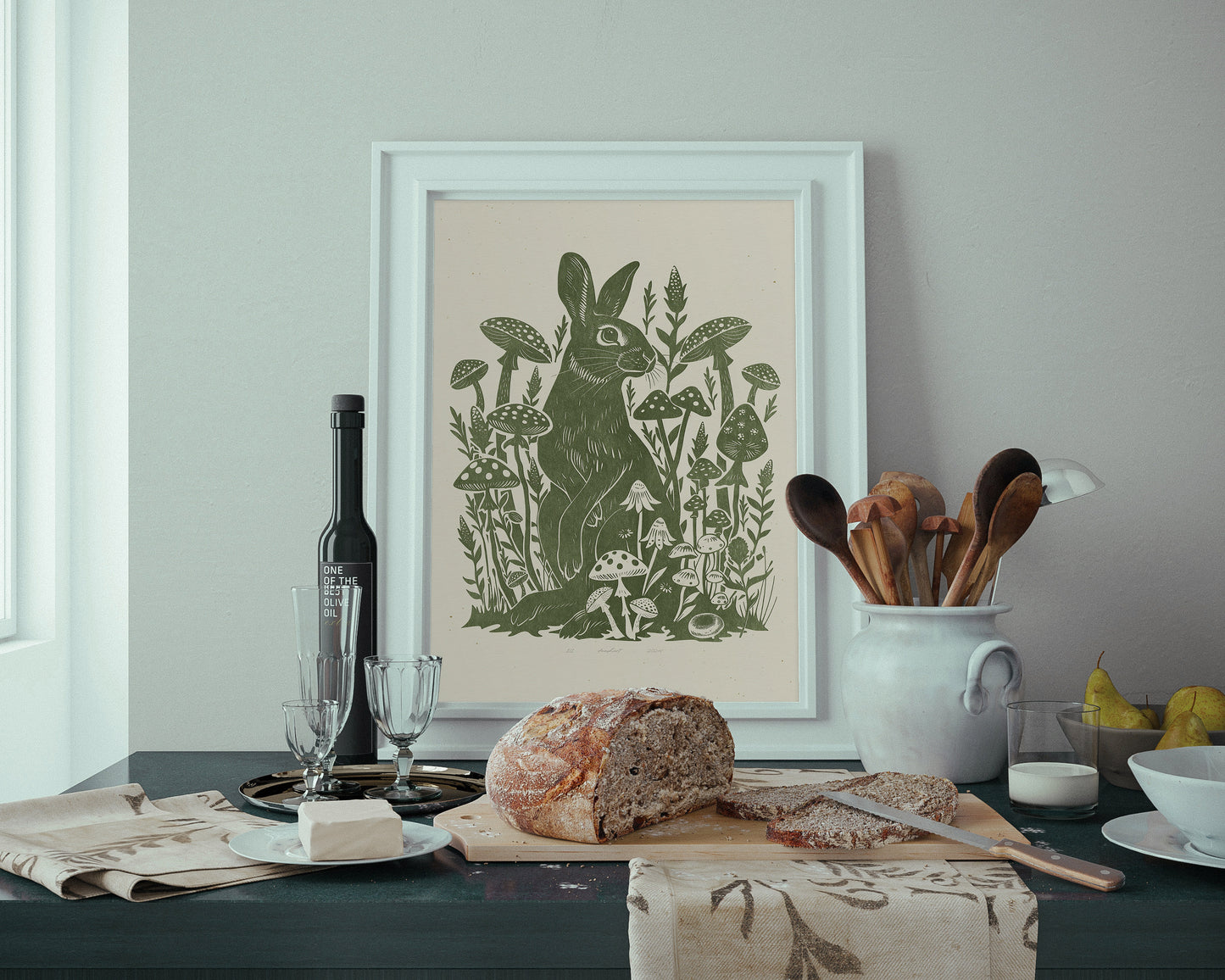 Printable linocut prints Sage green rabbit with mushroom and plant wall art Relief texture Cottagecore decor Digital downloadable poster Instant download Lino linogravure foraged Living room Bedroom Kitchen Farm Farmhouse Dining room wall art decor Wildflowers floral kids Easter home aesthetic