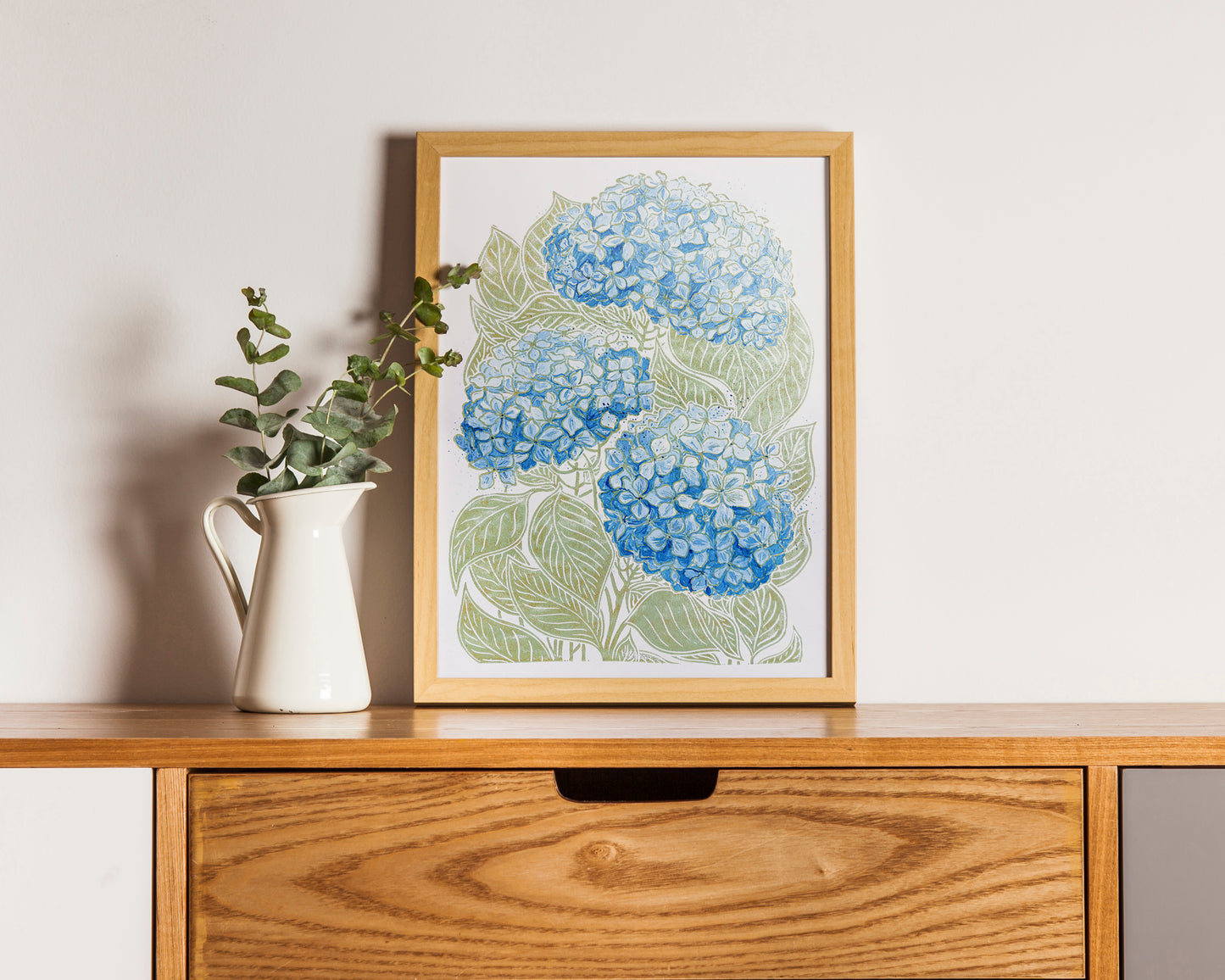 Green and blue watercolor hydrangea Linocut print for Nature lover gift UNFRAMED