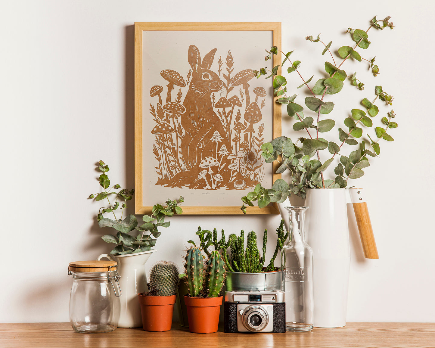 Living room wall art Nature lover gift Printable linocut Cottagecore decor Digital downloadable linogravure lino foraged poster art Relief texture Bedroom kids rooom prints Yellow ochre rabbit mushroom large plant wall art bunny new home