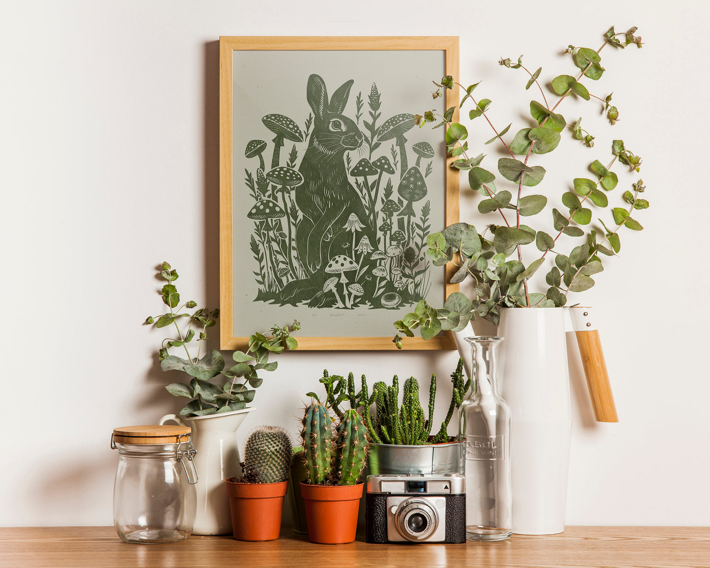 Printable linocut prints Sage green rabbit with mushroom and plant wall art Relief texture Cottagecore decor Digital downloadable poster Instant download Lino linogravure foraged Living room Bedroom Kitchen Farm Farmhouse Dining room wall art decor Wildflowers floral kids Easter home aesthetic