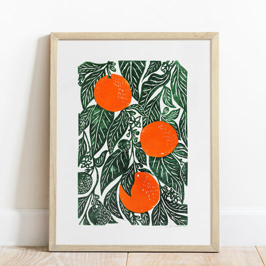 Oranges linocut print Original artwork Botanical fruit for modern kitchen wall art decor lino print, linogravure. printmaking, relief print, block print, wall hanging, unique wall art, trendy wall art, thank you gift boss, teacher appreciation gift, Summer wall art, sister in law gift, shelf decor, self gift, rustic wall art, retirement gift, realtor closing gift