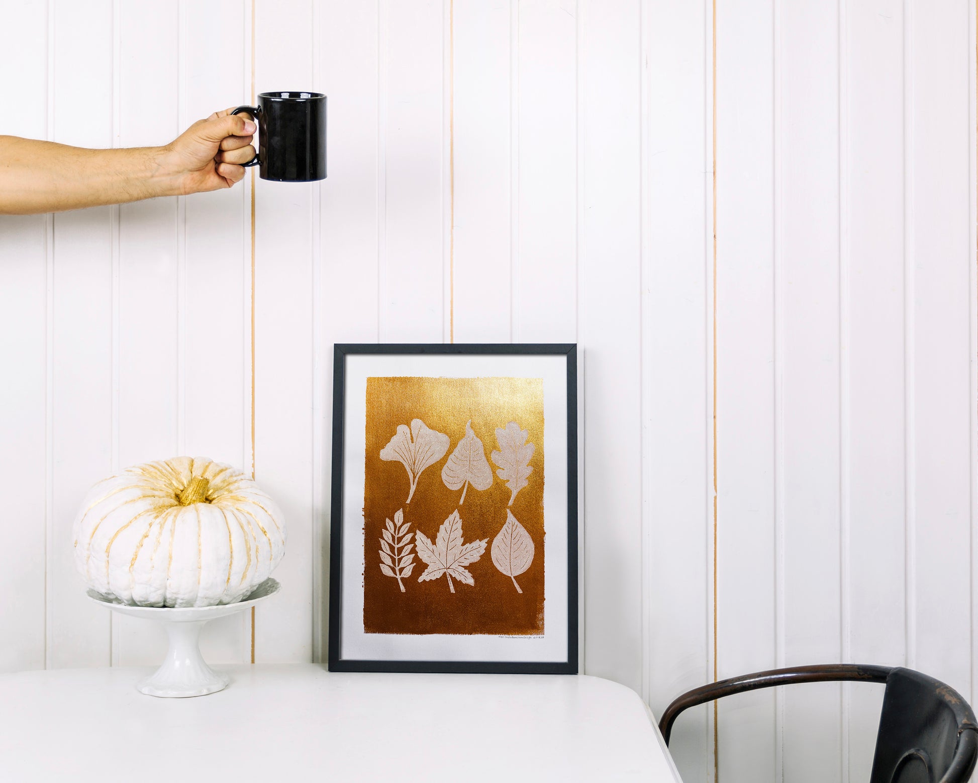 Gold and white fall leaves Linocut print 12x16in for New home gift UNFRAMED / gold acrylic ink, oil ink, lino print, linogravure, autumn wall art, printmaking, handmade art, Nature lover gift, simple artwork, original artwork, houswarming gift, living room, bedroom, modern kitchen decor
