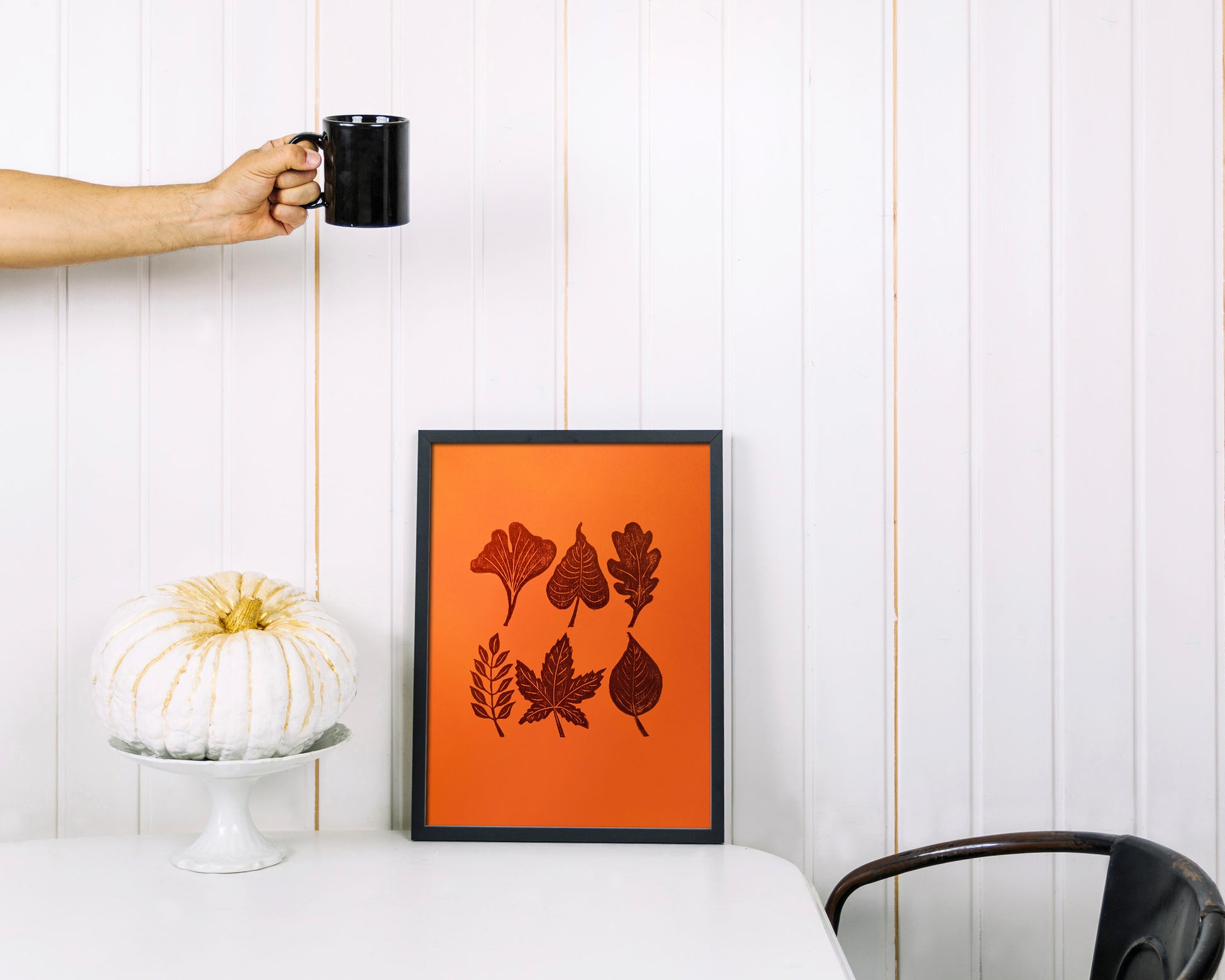 Orange and brown fall leaves Linocut print 12x16in for New home gift UNFRAMED / gold acrylic ink, oil ink, lino print, linogravure, autumn wall art, printmaking, handmade art, Nature lover gift, simple artwork, original artwork, houswarming gift, living room, bedroom, modern kitchen decor
