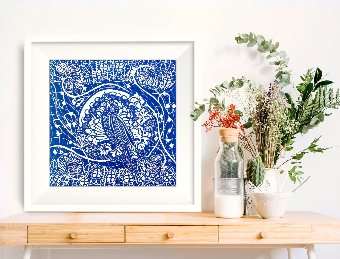 Lino print Linogravure Linocut print Cockatiel parrot art Flower wall art Original artwork Botanical print Nature lover gift art nouveau artwork Large floral decor Dark blue parrot Bedroom wall decor	Printmaking relief Handmade Kids room Living room Workspace Bedroom decor New first home gift decoration acssessories