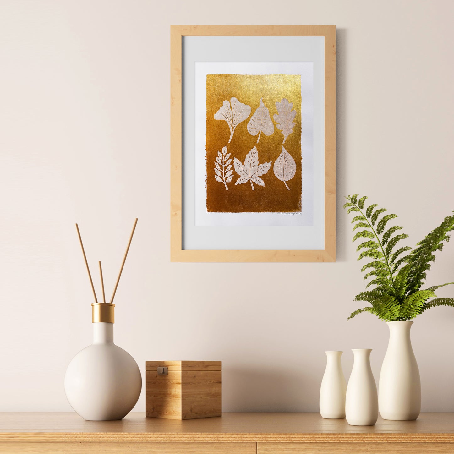 Gold and white fall leaves Linocut print 12x16in for New home gift UNFRAMED / gold acrylic ink, oil ink, lino print, linogravure, autumn wall art, printmaking, handmade art, Nature lover gift, simple artwork, original artwork, houswarming gift, living room, bedroom, modern kitchen decor