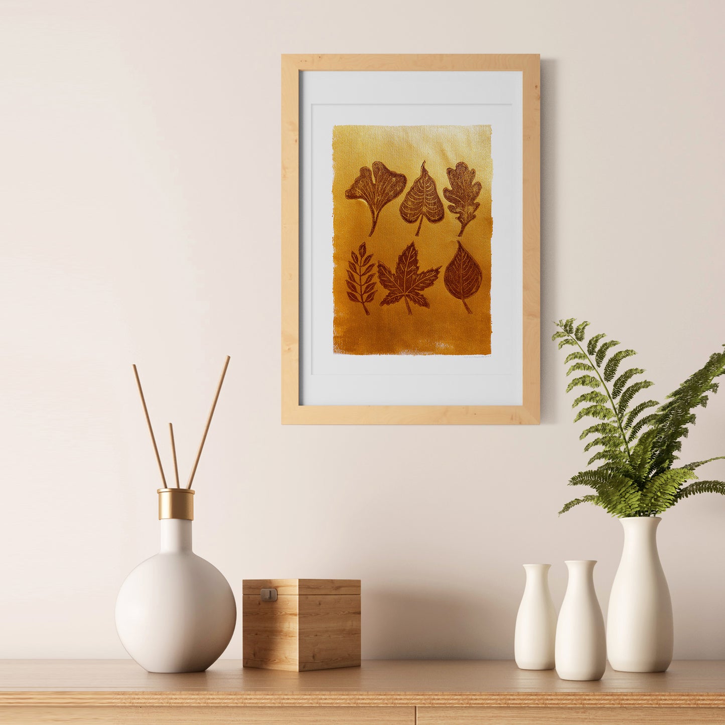 Gold and brown fall leaves Linocut print 12x16in for New home gift UNFRAMED / gold acrylic ink, oil ink, lino print, linogravure, autumn wall art, printmaking, handmade art, Nature lover gift, simple artwork, original artwork, houswarming gift, living room, bedroom, modern kitchen decor