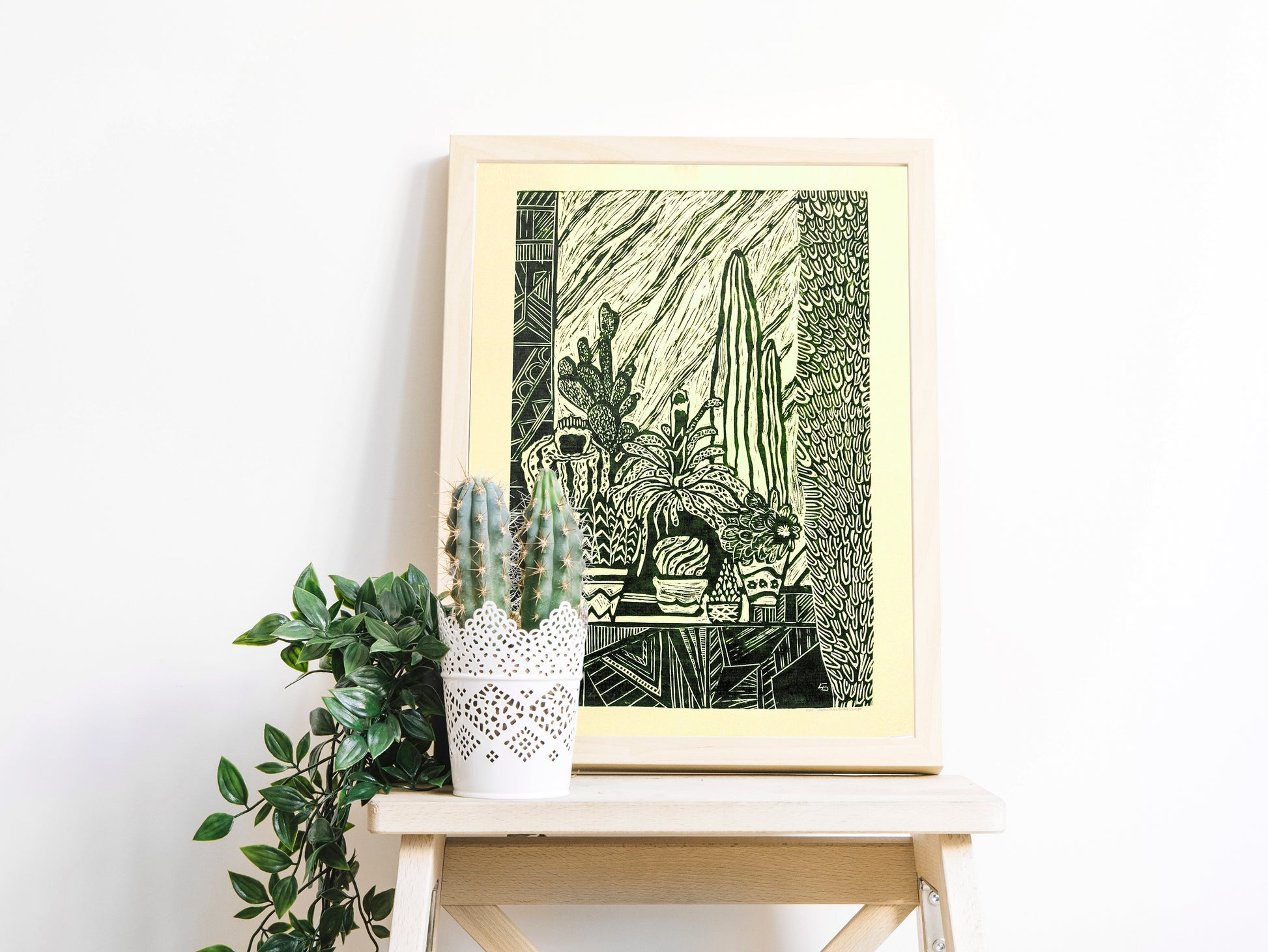 Yellow and green Botanical cactuses illustration Linocut print for Farmhouse gift UNFRAMED, original artwork, relief print, printmaking art, lino print, linogravure, handmade wall art, new home gift, farmhouse decor, housewarming gift, living room wall art, dining room art, farm kitchen art, bedroom wall decor, autumn art, fall wall art, seasonal wall decor, aesthetic wall art, cottagecore wall art, foraged wall decor, Illustration print, cactus