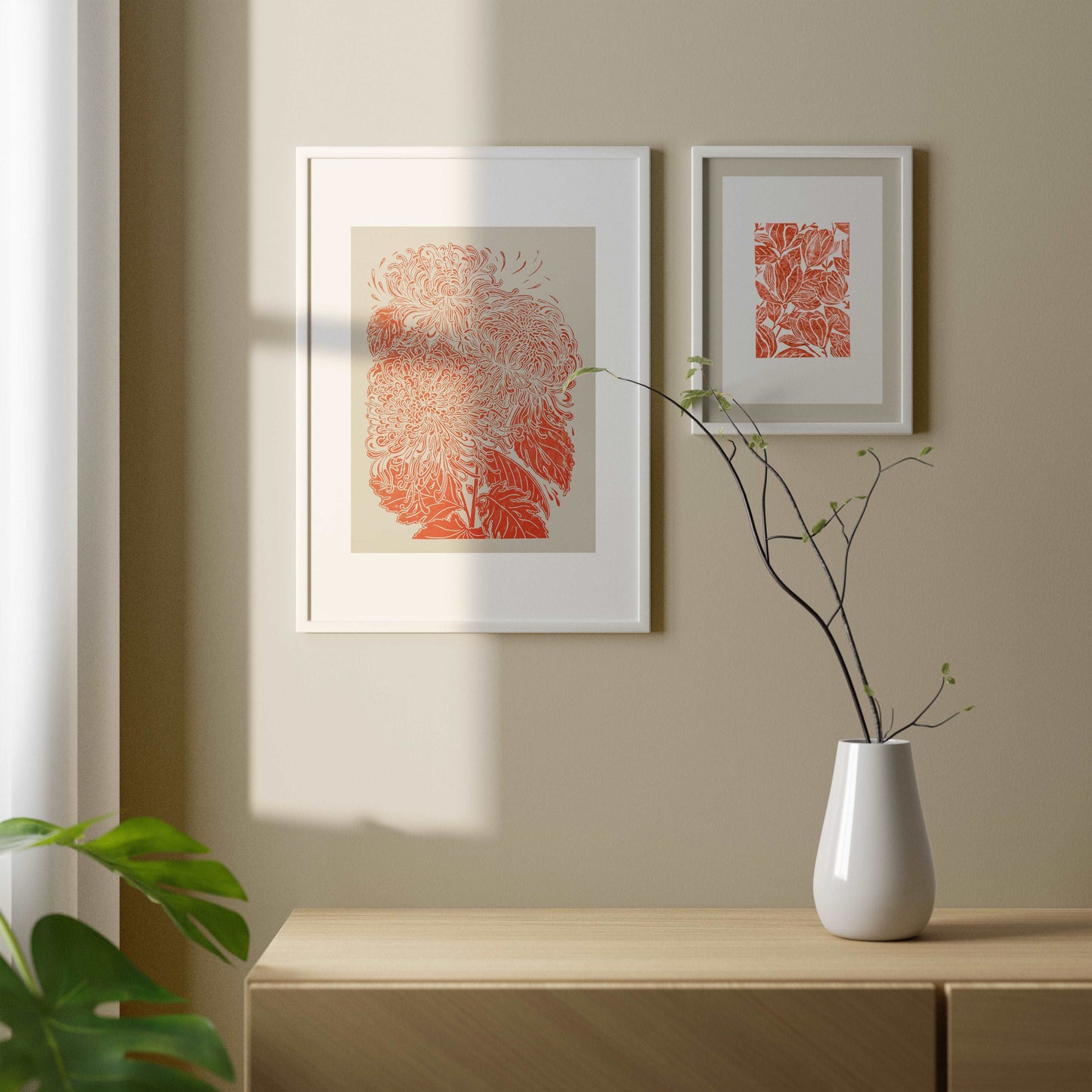 Red japanese chrysanthemum flower Linocut print for Nature lover gift UNFRAMED for modern kitchen or bedroom wall decor