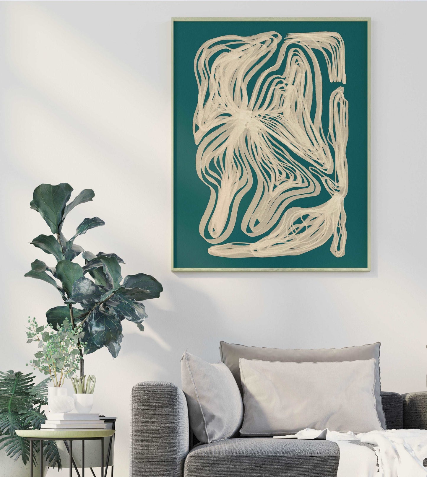 Abstract lines flower art Trendy emerald green / Printable wall art for modern living room and bedroom decor INSTANT DOWNLOAD