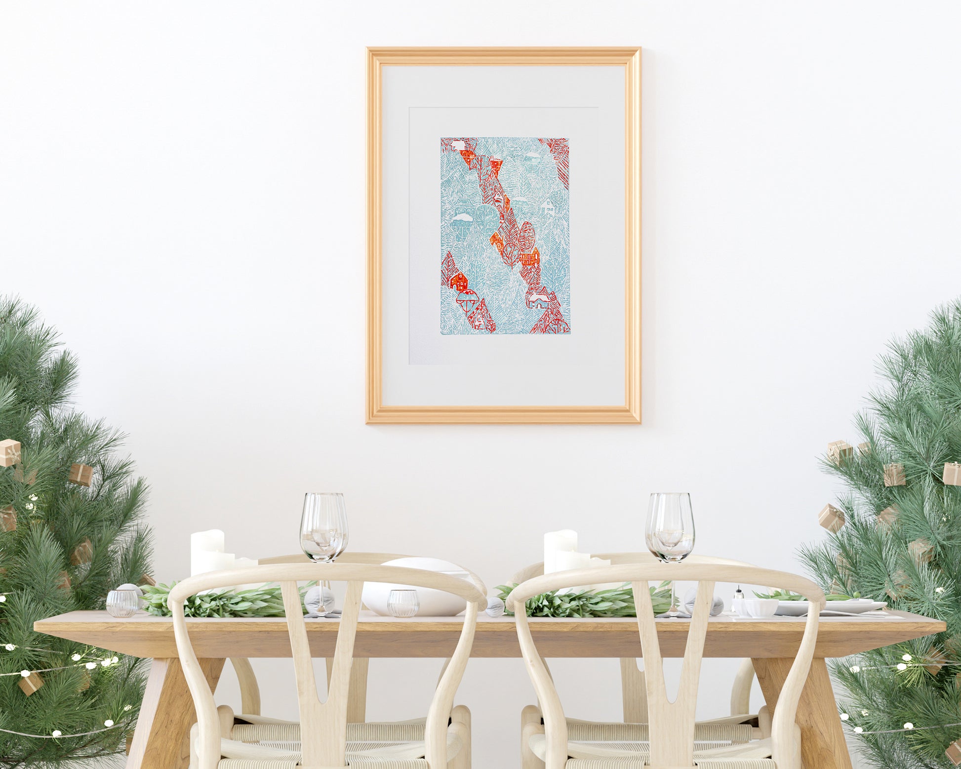 Blue winter forest with Red houses Linocut print Holiday wall art 14x20 for living room or kids room wall decor UNFRAMED, Lino print, Linogravure, Original artwork, New home gift, Noel decoration, Christmas holiday, printmaking, relief print, handmade art decor